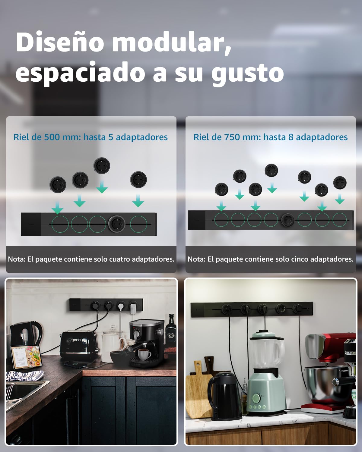 GONEO Carril Mural 50cm, 4 Tomas Schuko F 16 A, sustituye una Toma de Pared | Módulos deslizantes y reposicionables, montaje mural sin obras, bloqueo seguro, para cocina, salón, oficina y hogar