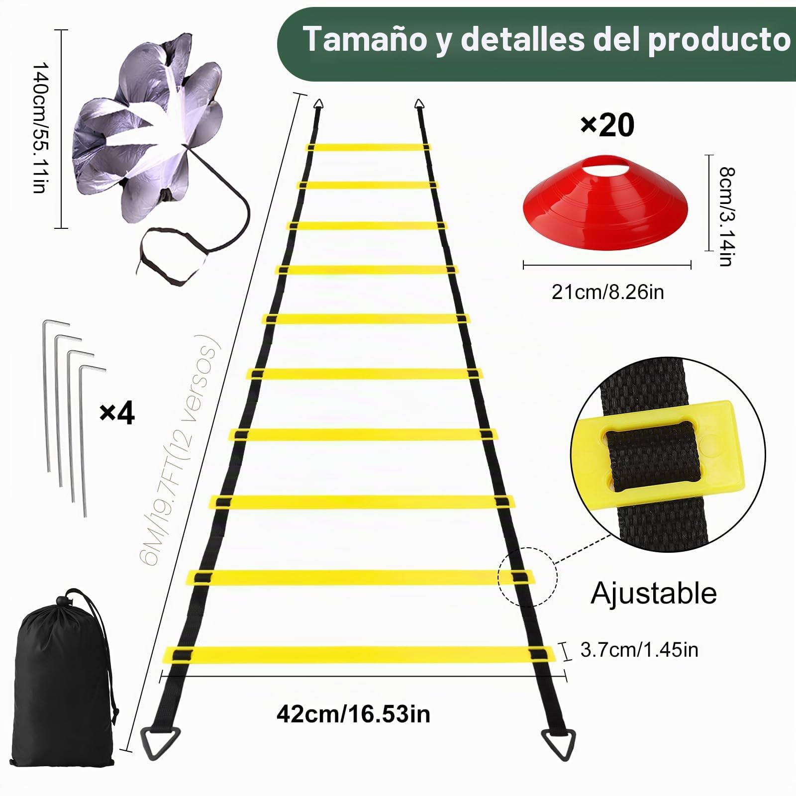 Kit Entrenamiento de Fútbol, 6M Agility Speed Ladder, 20 Conos de Entrenamiento, Paracaidas Correr, Idea de Entrenamiento de Fútbol Accesorios para Niños y Adultos