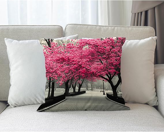 Blossoms Cherry 18x18 Decorative Throw Pillow Cover New York Pink Cherry Tree in Central Black Landscape Double-Sided Couch Pillow Case Accent Cushion Covers for Home Sofa Bedroom Car Office