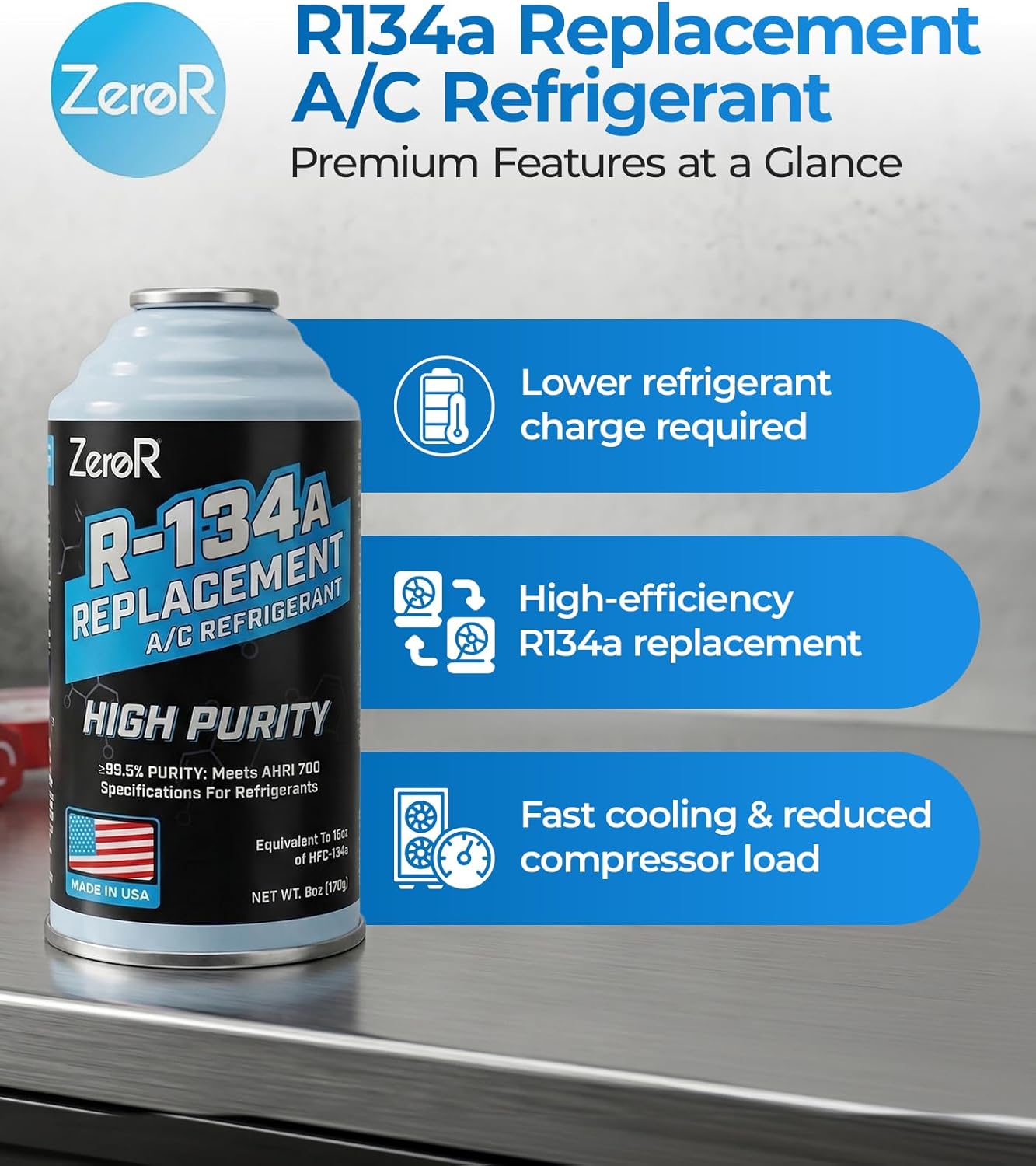 ZeroR® High-Purity R134a Replacement Refrigerant – Eco-Friendly 100% Natural Hydrocarbon A/C Recharge Gas – Compatible with R134a Systems – 12 Cans (6 oz Each)