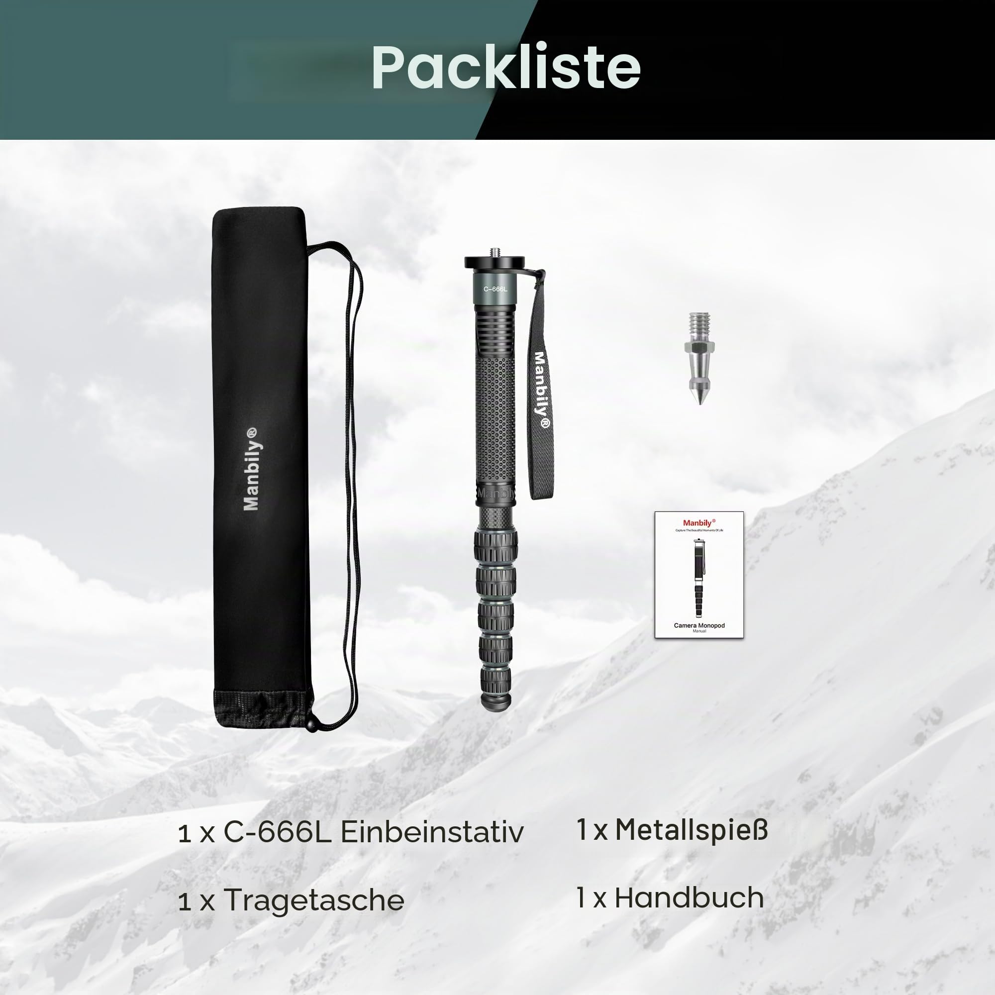Manbily C-666L 32mm Einbeinstativ Carbon für Kameras 44cm-174cm Kohlefaser Monopod Stativ DSLR Reise-Einbeinstativ 6 Abschnitte Wanderstöcke Max. 15KG, 1/4 & 3/8 Zoll für Videokamera