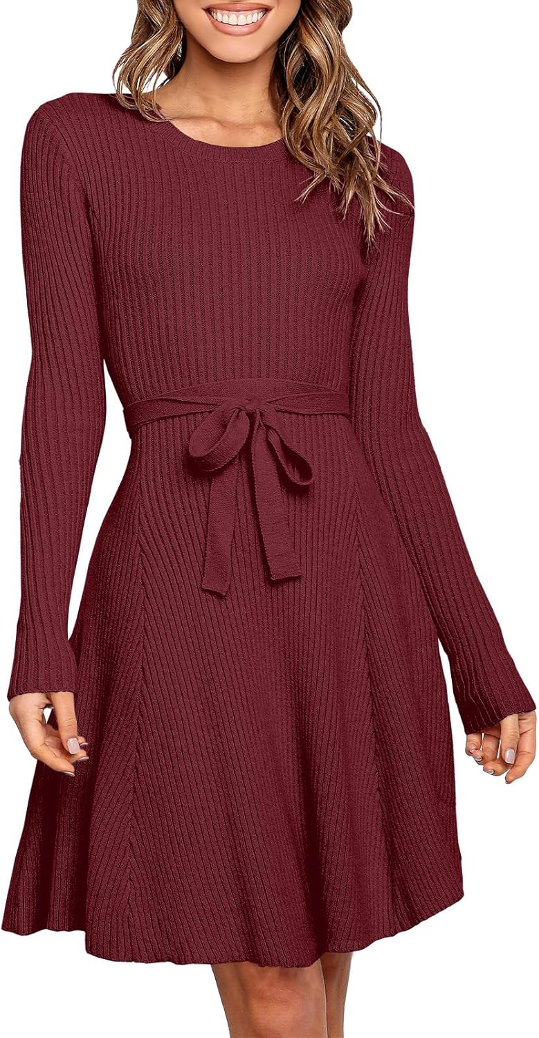 Caracilia Women's Long Sleeve Sweater Dress Crew Neck A-Line Swing Slim Fit Ribbed Knit 2024 Fall Short Mini Dress with Belt