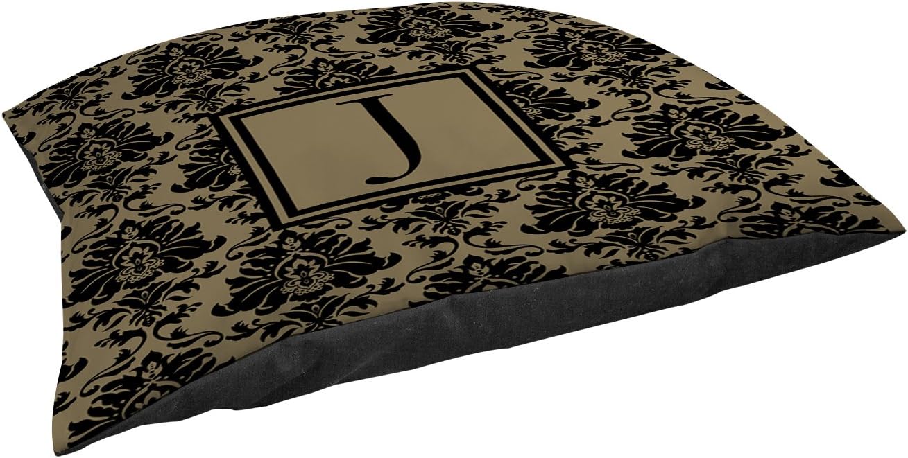 Manual Woodworkers & Weavers Square Indoor/Outdoor Pillow, 18-Inch, Monogrammed Letter J, Black and Gold Damask
