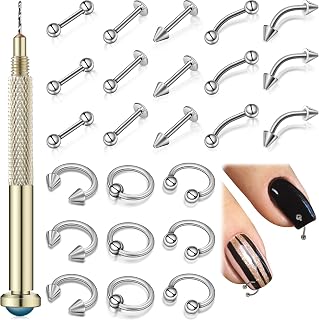 Maitys 25 Pieces Nail Art Dangle Charms with Piercing Tool Hand Drill, Nail Jewelry Rings Charms Pierced Art Supplies for Tips, Acrylic, Gels Decorations(Silver)