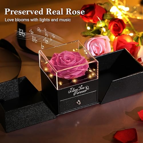 Emibele Rosa rosa real preservada con collar de plata esterlina S925, rosa eterna con collar "I Love You" en 100 idiomas, caja de rosa con música y