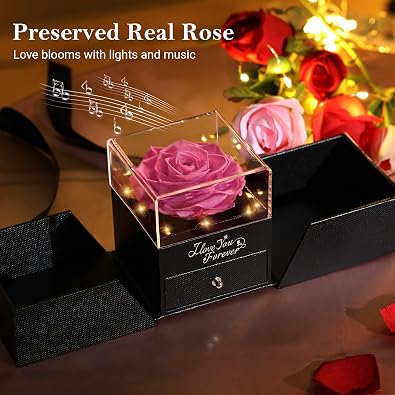 Emibele Preserved Rose Gifts for Women, Eternal Flower Rose Box with Heart Necklace, Romantic I Love You Gifts for Women Her Wife Mom Grandma on Valentines Mothers Day Birthday Anniversary