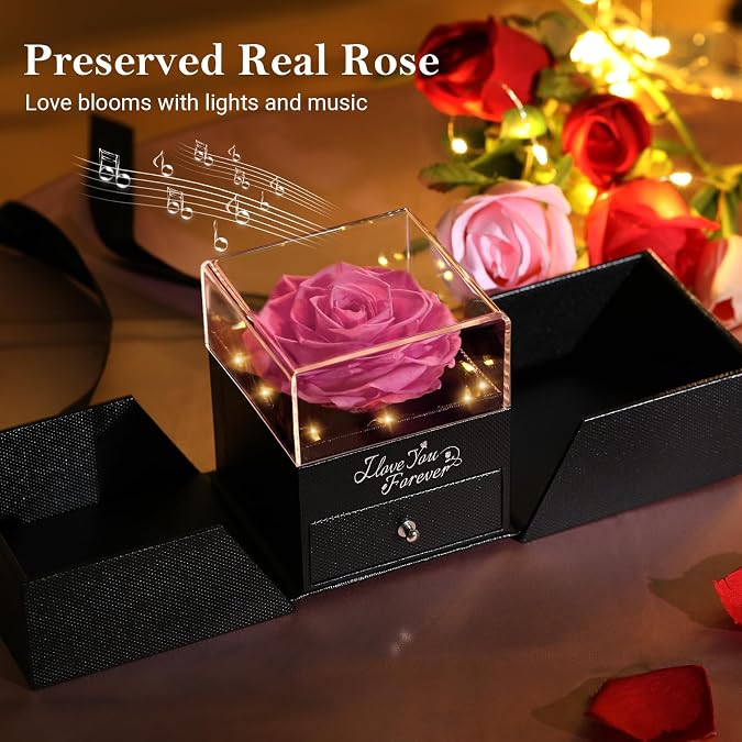 Emibele Preserved Rose Gifts for Women, Eternal Flower Rose Box with Heart Necklace, Romantic I Love You Gifts for Women Her Wife Mom Grandma on Valentines Mothers Day Birthday Anniversary