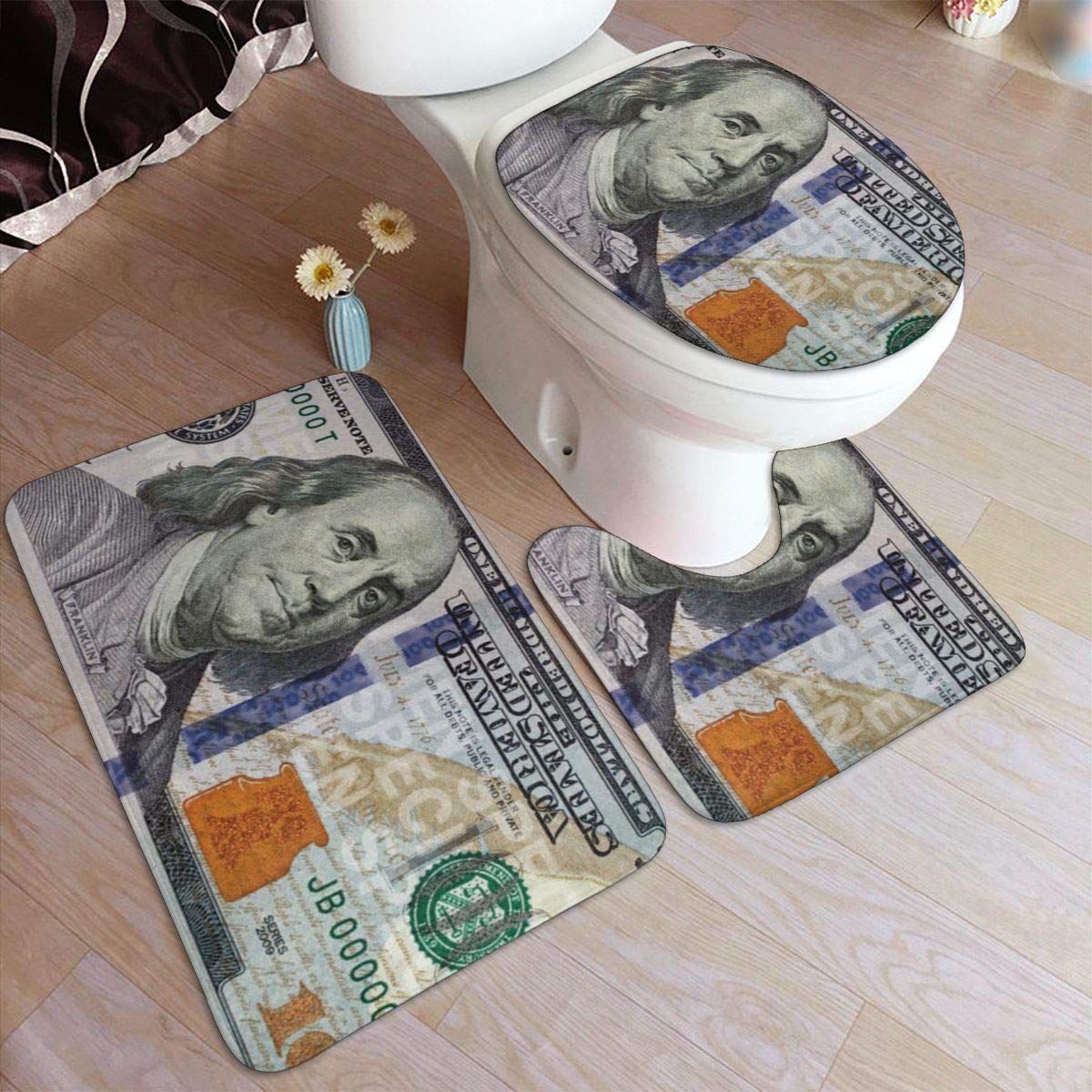 FFCrying 100 Dollar Bill Comfort Flannel Bathroom Rug Mats Set 3 Piece Soft Non-Slip with Backing Pad Bath Mat + Contour Rug + Toilet Lid Cover Absorbent (100 Dollar Bill, 50 * 80CM)