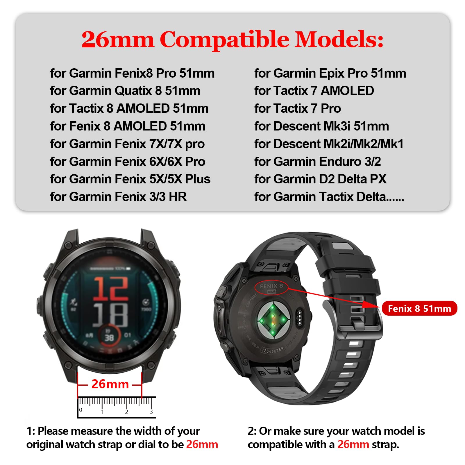 Silikonowy pasek Quickfit, kompatybilny z Garmin Fenix 8 pro 51 mm, Fenix 7X/7X pro/6X/6X pro/5X/5X plus/3/3 H, 26 mm sportowy pasek do zegarka Touch 8, Quatix 8, Descent Mk3i 51 mm, Enduro 3