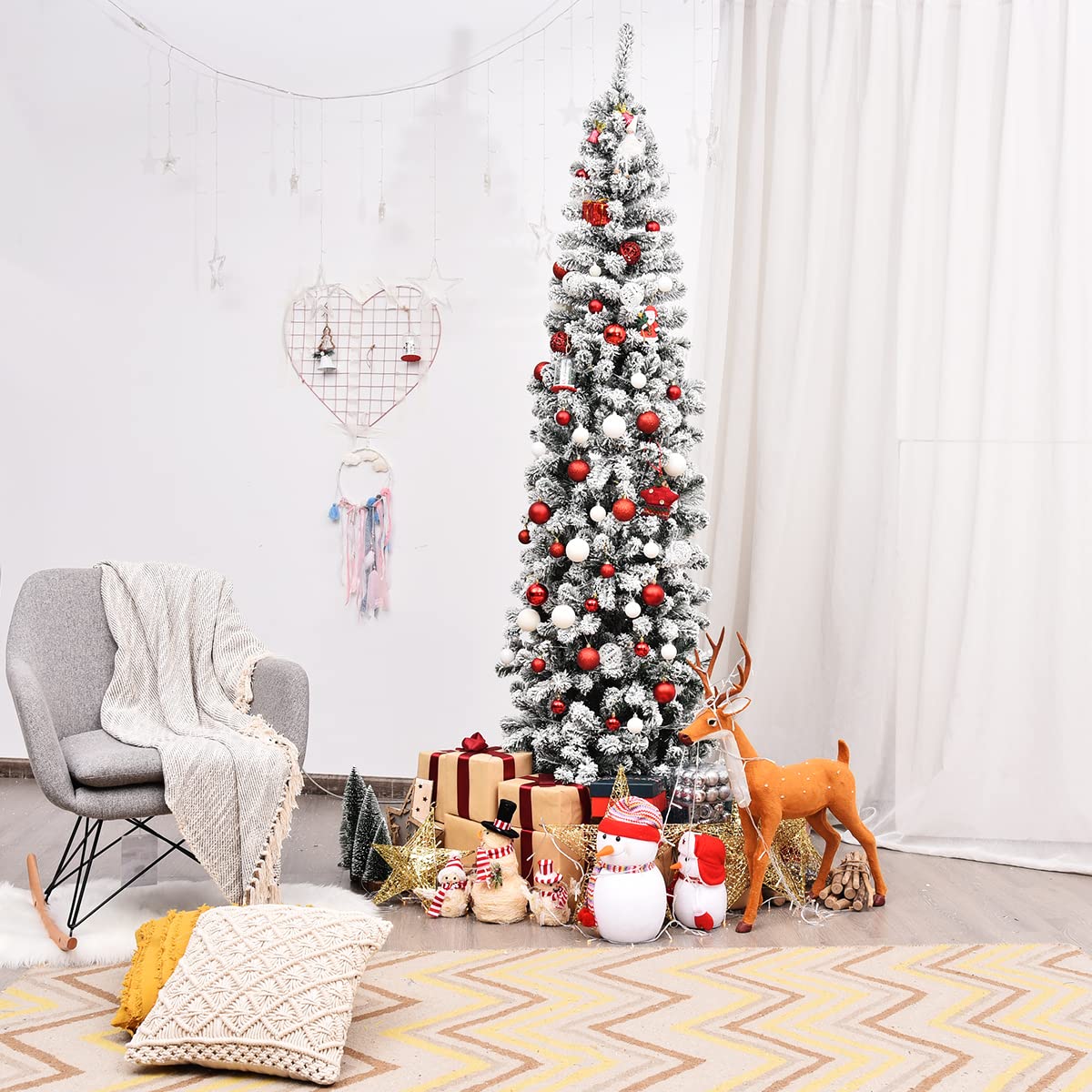 COSTWAY 225cm Árbol de Navidad Artificial Nevado, Agujas de PVC de 641 Puntas, Árbol de Navidad Slim/Estrecho, Soporte de Metal, Decorativa Nieve para Hogar Oficina Fiesta (225 cm)