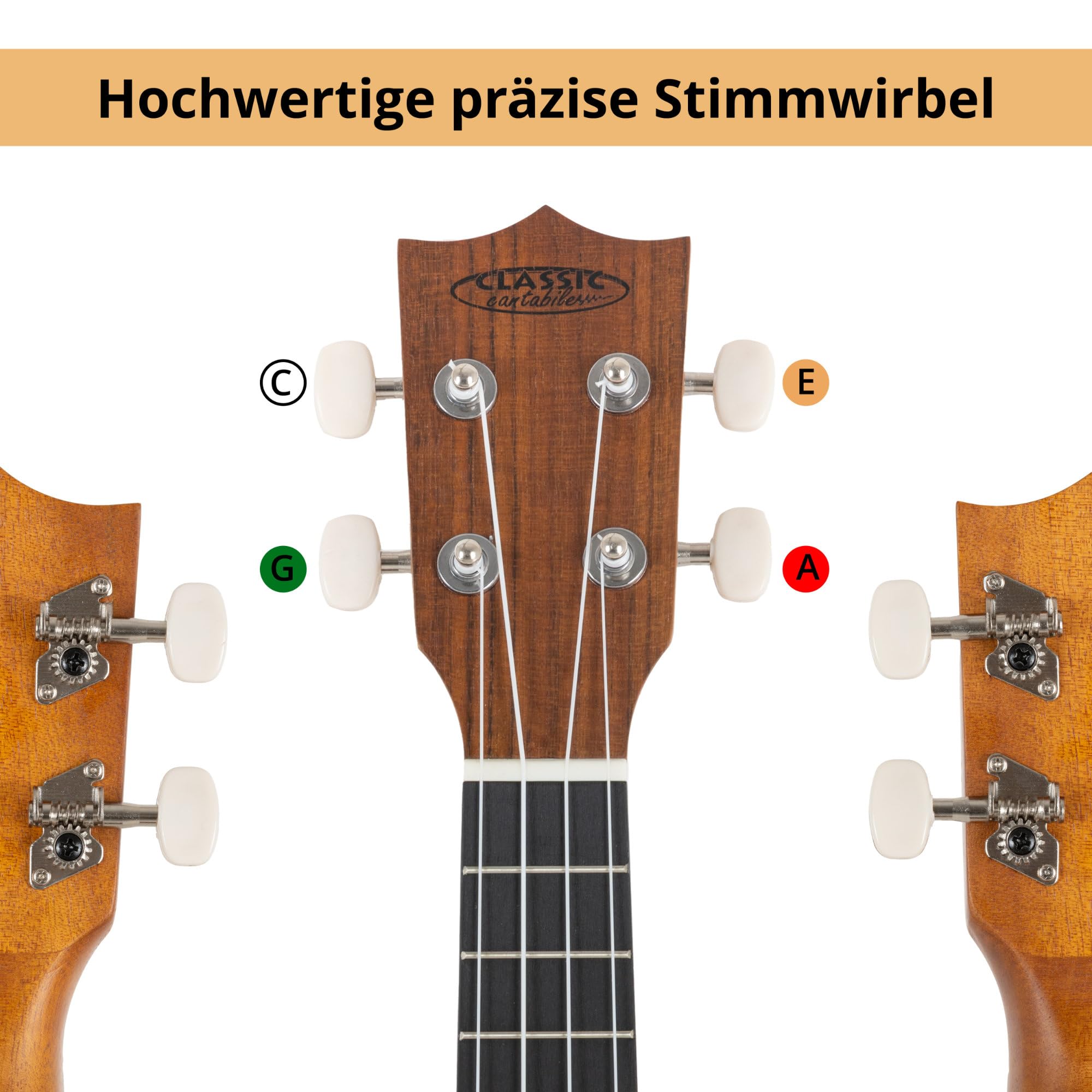 Classic Cantabile Sopran Ukulele Natural Set inkl. Grifftabelle, 15 Bünde | Sopran-Mensur (343 mm), Gesamtlänge: 54 cm, Decke: Fichte, Boden und Zargen: Sapele, Hals: Okoume, Griffbrett: Black Richnite