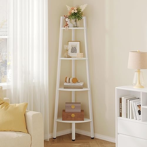 Hoctieon Estante esquinero, estantería de esquina de 4 niveles, estante rústico de escalera de esquina, estante de exhibición industrial para sala