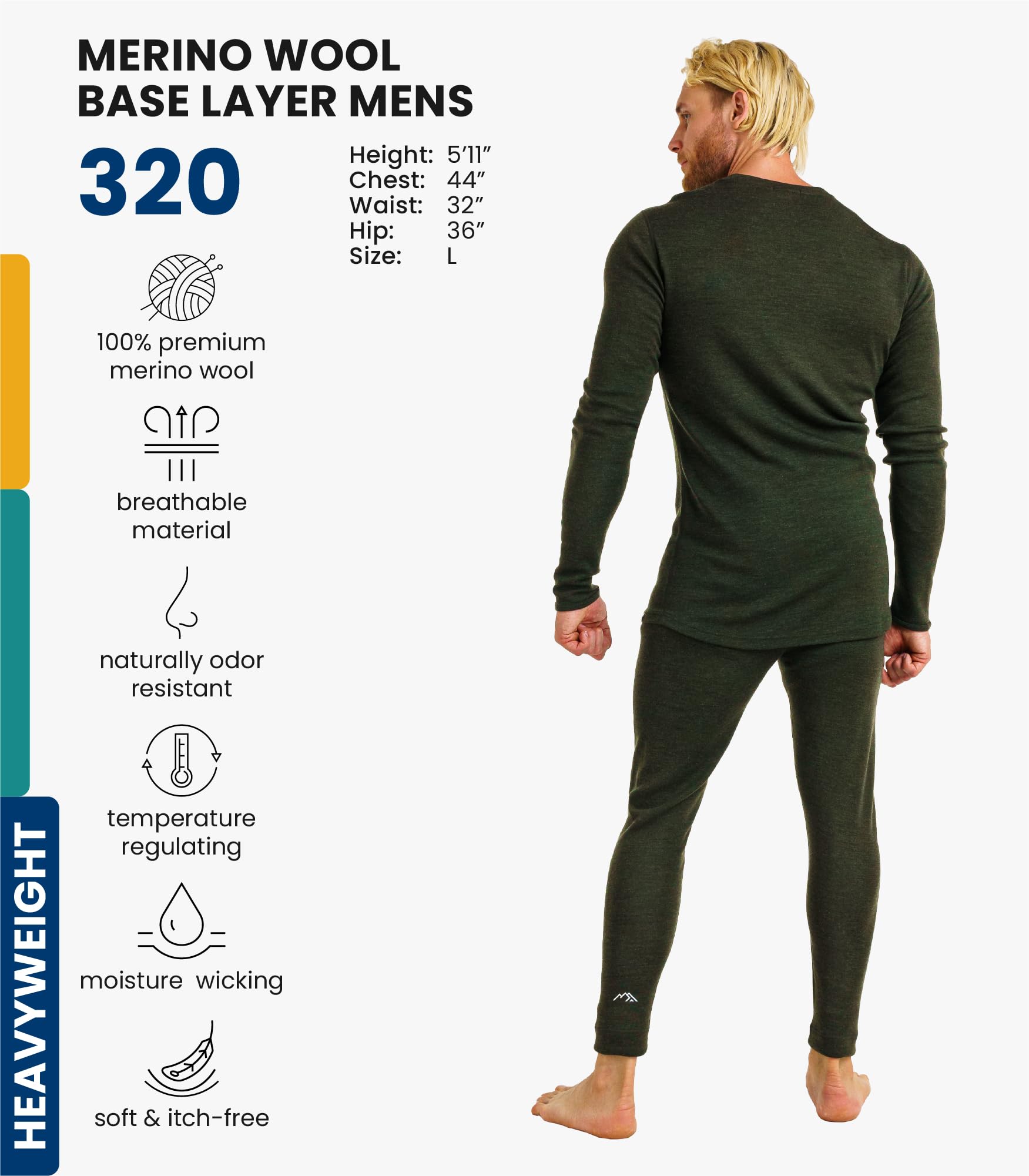 Merino.tech Intimo Termico Uomo Lana Merinos - Completo Termico Uomo Maglia e Pantaloni con Calzini Leggero, Medio, Pesante
