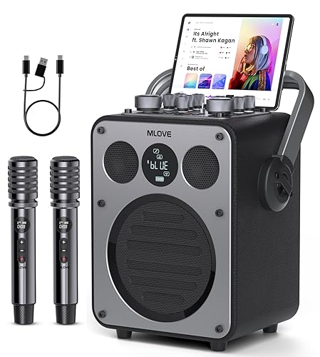 MLOVE D5 Portable Karaoke Machine with Bluetooth and 2 Wireless Microphones for Adults, Professional PA System, 200W Party Speaker, Recording, Reverb, Guitar Amplifier, Aux, USB, TF Card, Black
