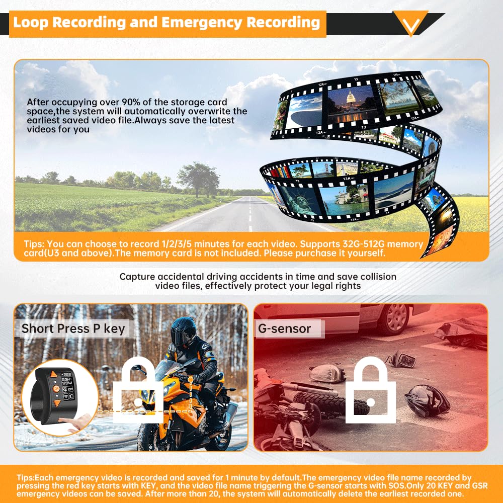 VSYSTO Motorrad Dashcam, Zwei 2K Starlight Nachtsichtkameras mit 5G WLAN, Parküberwachung, GPS, TPMS, wasserdicht, Temperaturanzeige, Unterspannungsschutz (Q3PRO)