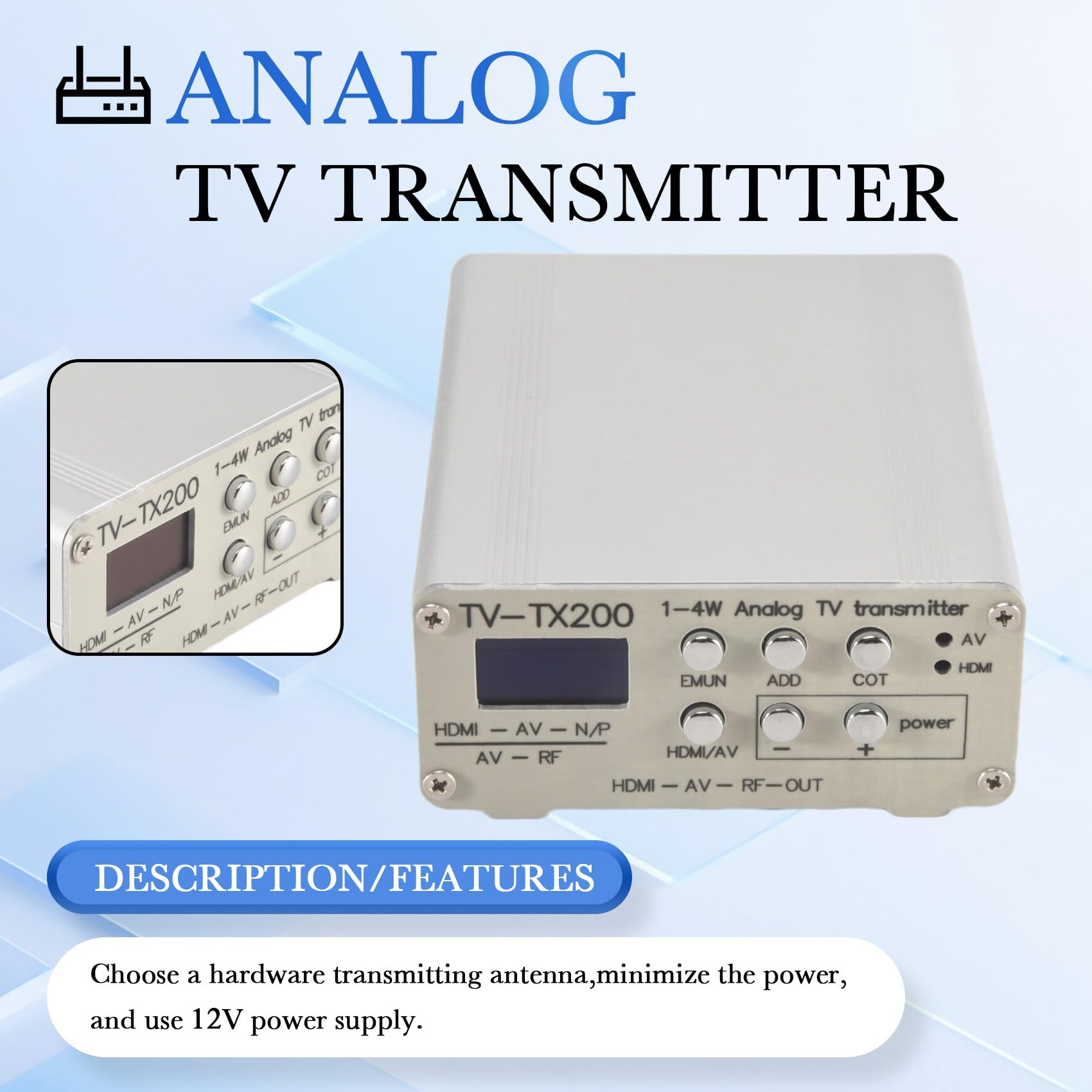 JANZU TV-TX200 Transmetteur TV Analogique VHF/UHF HD/AV avec Antenne Télescopique Prise UE