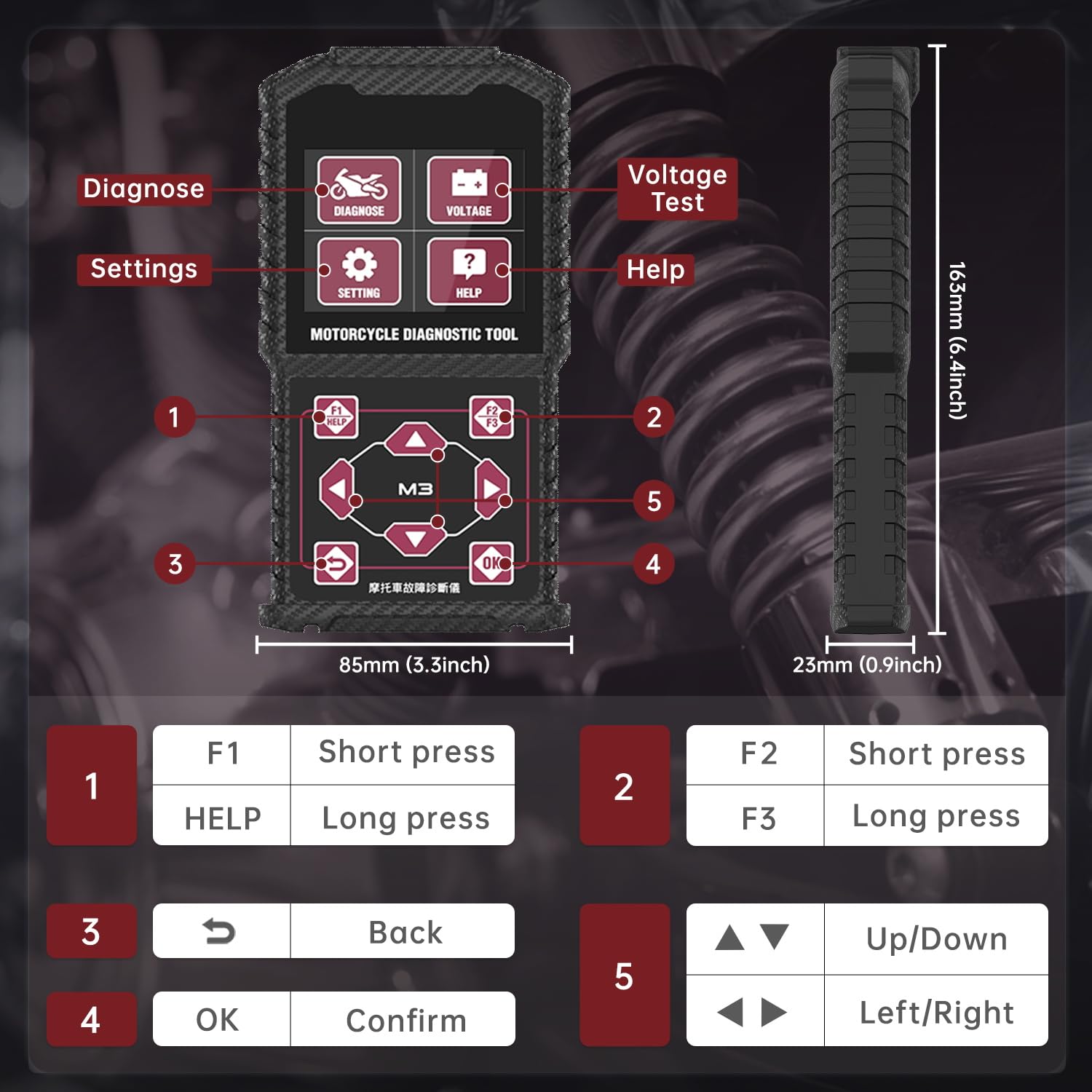 M3-A moto diagnostica moto lettore di codice Scanner moto strumento diagnostico con prova di tensione Test rapido per HO*NDA YAM*AHA KA*WASAKI OBDII