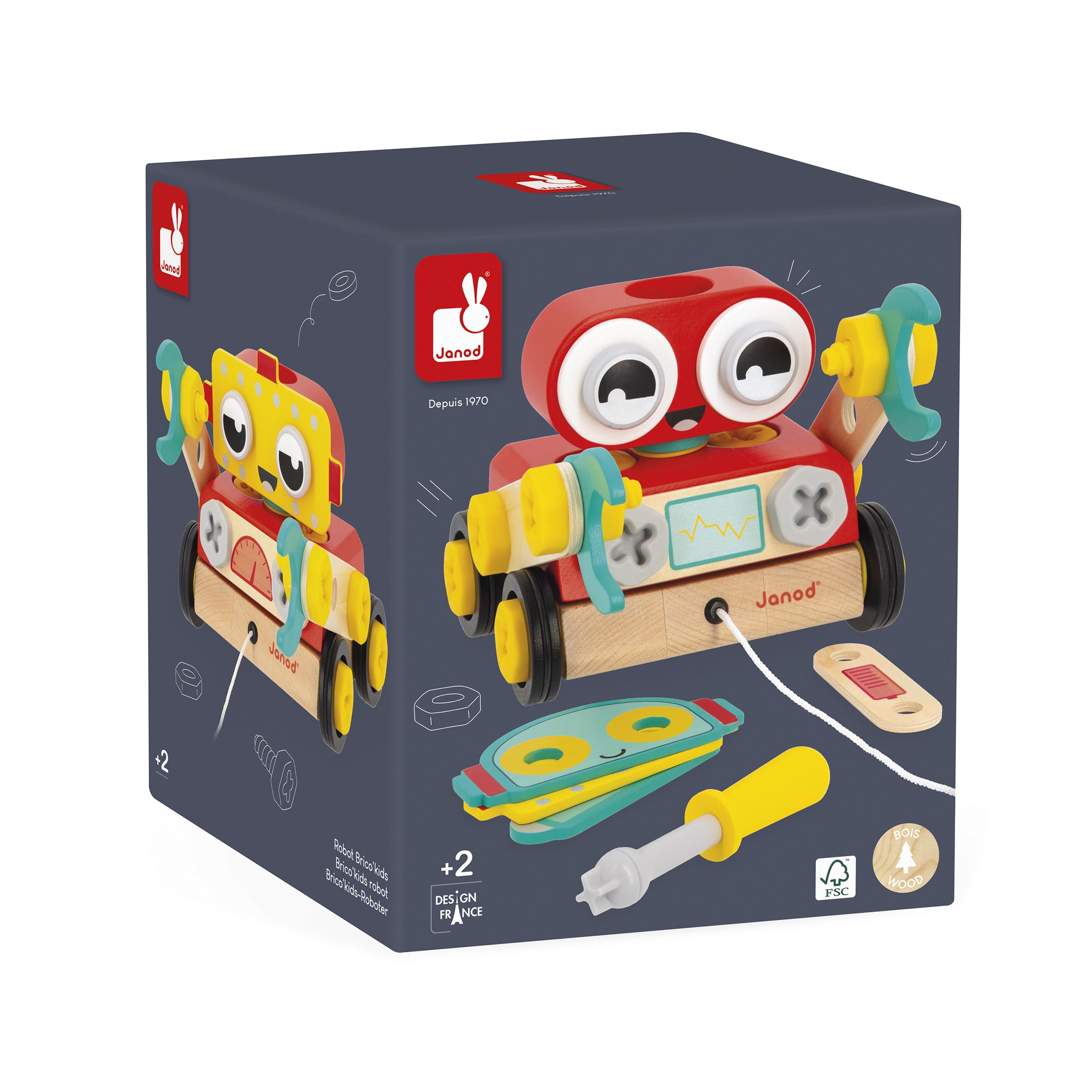Janod - Mon Premier Jeu de Construction - Robot en Bois à Construire - 42 Pièces + 4 Cartes Modèles - Stimule Imagination et Motricité - Dès 2 Ans