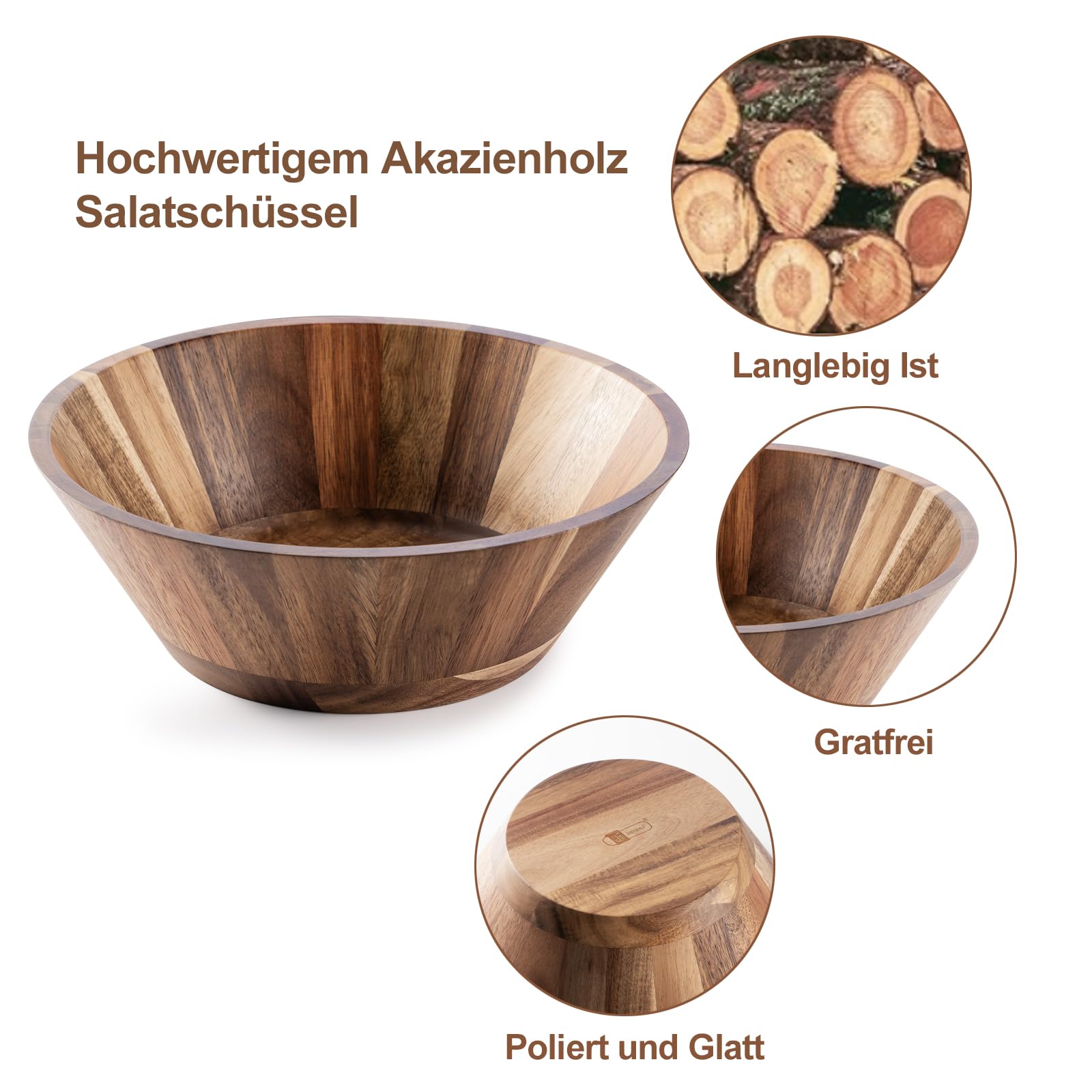 Salatschüssel Holz, Große Runde Salatschüssel Set Ø 30 cm Akazienholz Schüssel mit Salatbesteck, XXL Rührschüssel mit Holzlöffel & Gabel Obstschale Brotschale Nachhaltige Holz Schüssel