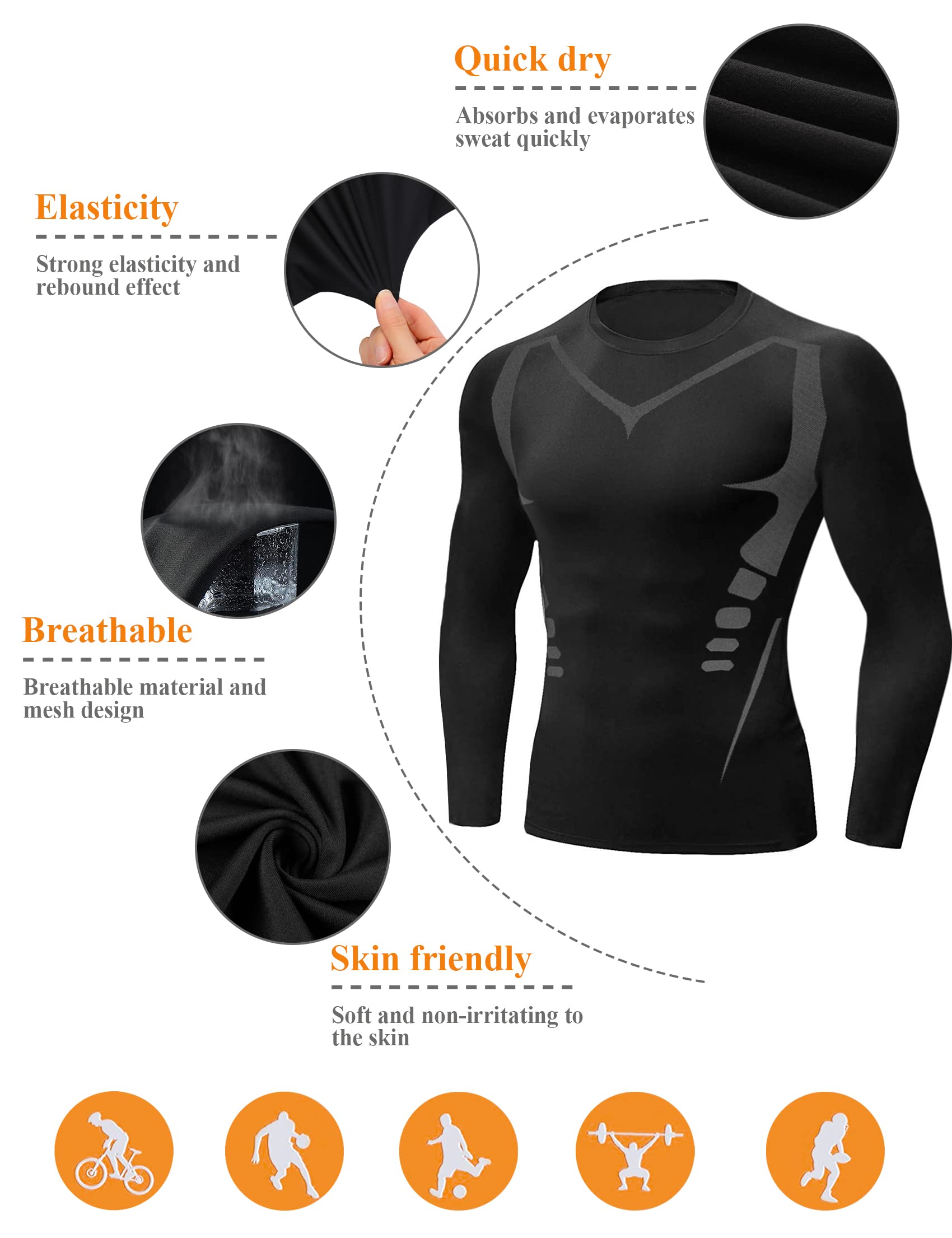 Terecey Maglia a Compressione Uomo Manica Lunga Maglia Termica Uomo Ad Asciugatura Rapida Maglie Tecnica Traspirante Maglie Sportiva Palestra T-Shirt M-3XL