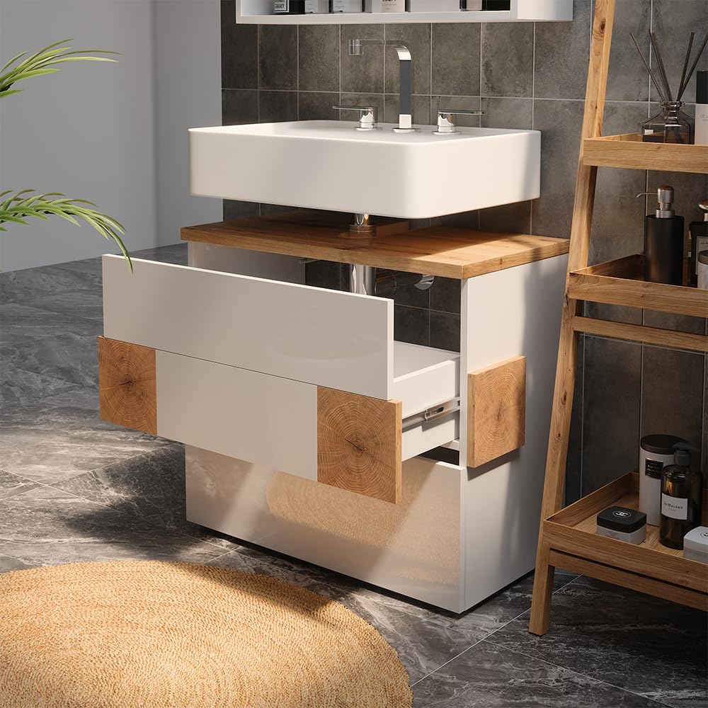 Vicco Waschbeckenunterschrank Eden, Weiß Hochglanz, 70 x 64.5 cm mit 2 Schubladen, zur Wandmontage mit Variabler Innenaufteilung