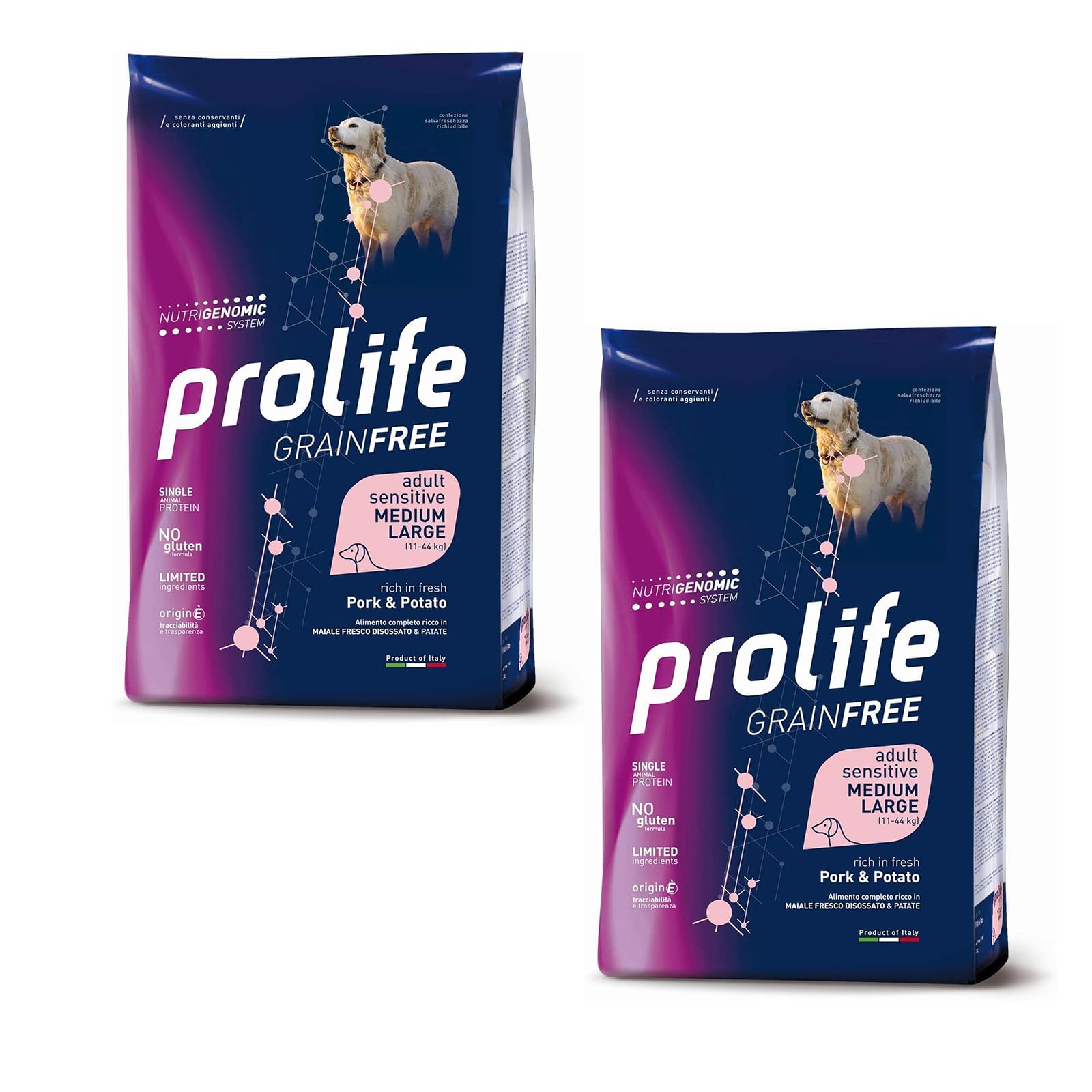 Generico 2 Sacchi confezione risparmio - prolife - Grain Free Adult Sensitive Medium/Large al Maiale e Patate da 10 kg