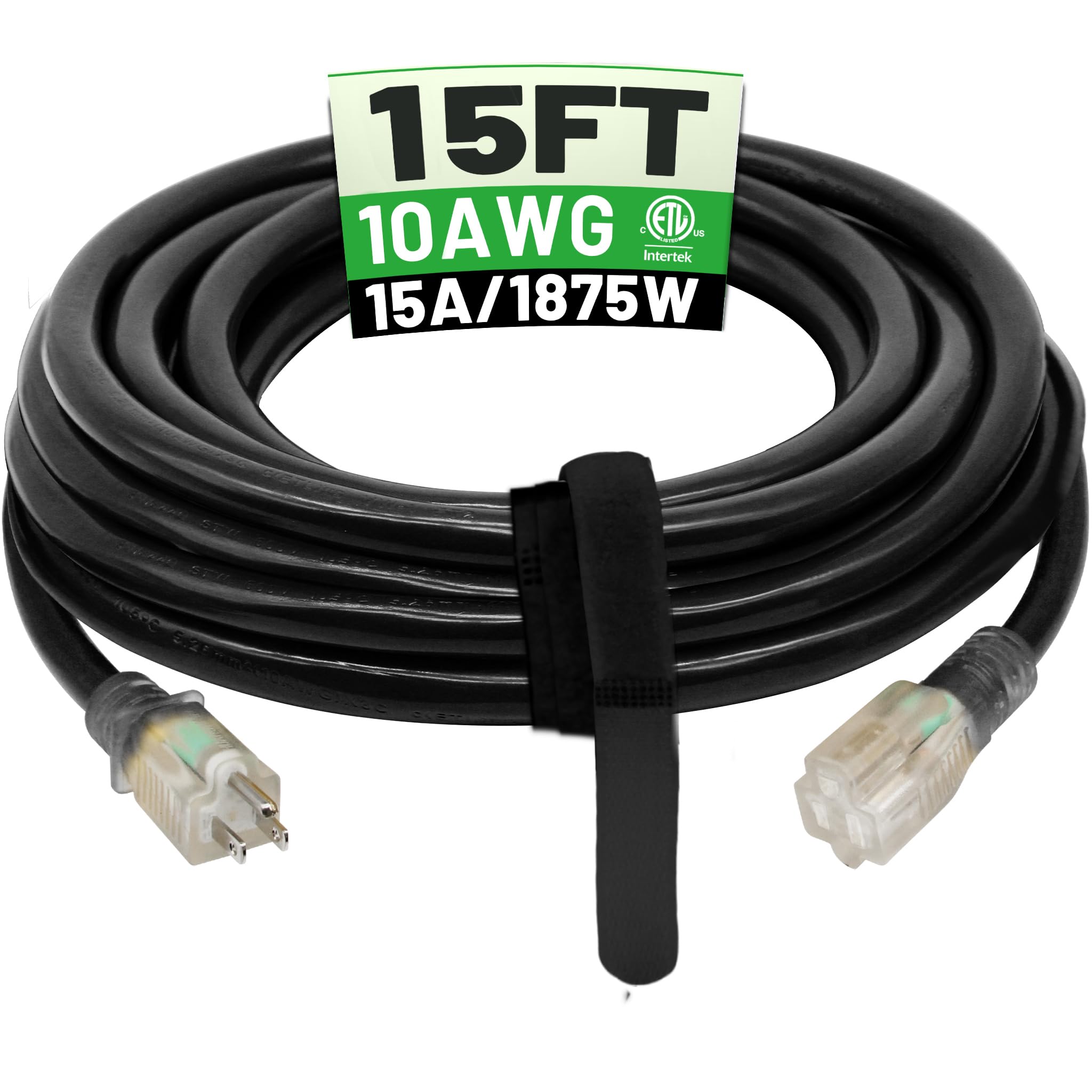 POWGRN - Cable de extensión para exteriores de 15 pies, 10/3, impermeable, calibre 10, 3 puntas, cable de alimentación flexible resistente al frío, interior y exterior con extremo indicador