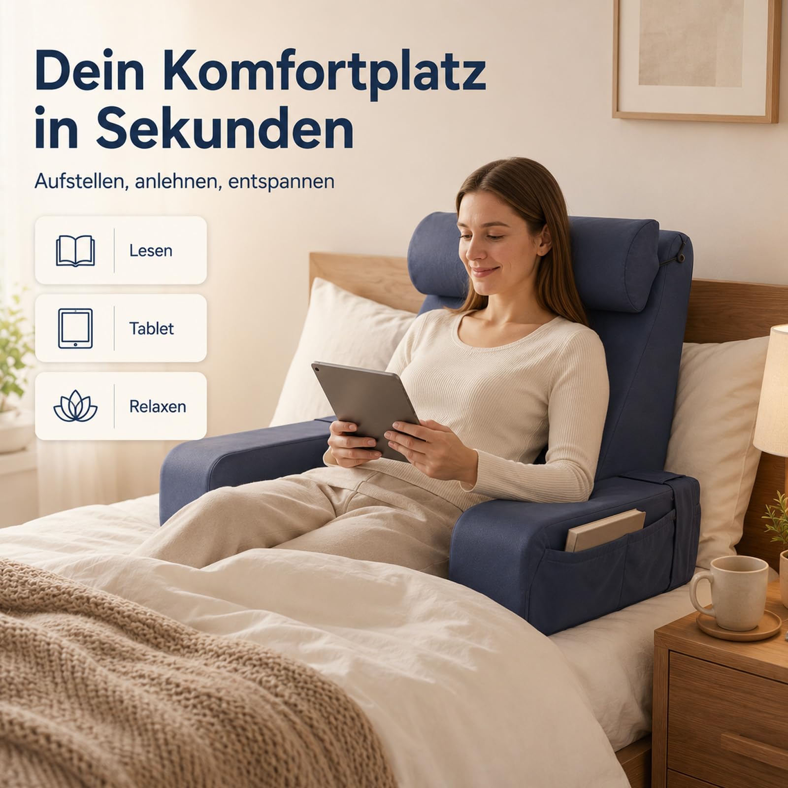 Lesekissen für Bett und Sofa, Ergonomisches Rückenkissen mit kühlendem Eisseide-Bezug, Memoryschaum, Verstellbarer Rückenstütze und abnehmbaren Armlehnen, großes Keilkissen zum Lesen 50cm