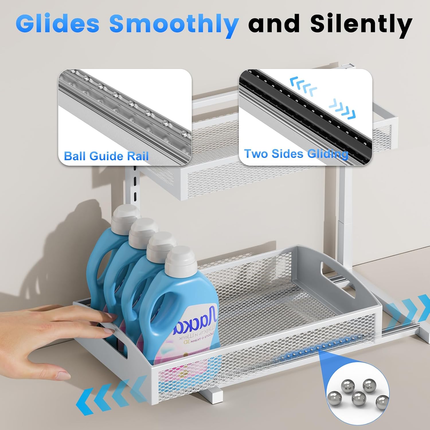 Metal Under Sink Organizer, Pull Out Cabinet Organizer Rack with Silk-Smooth Bottom Drawer, 5-Level Adjustable, Multi-Purpose Storage Shelf for Bathroom, Kitchen, Vanity, Pantry (2-Pack) - Image 3