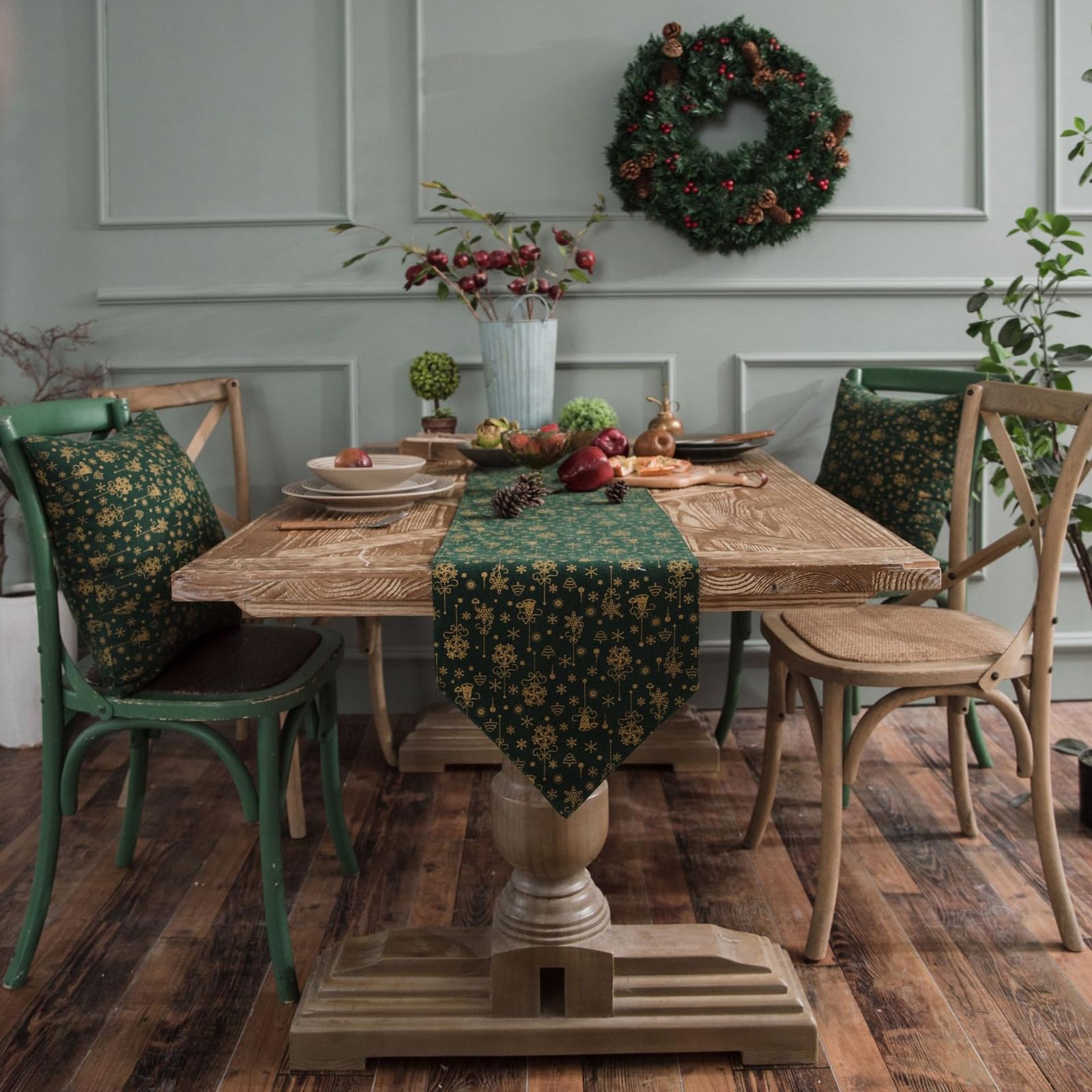 Runner da Tavolo Cotone Lino 30x200 cm, Runner da Tavola Moderno Lavabile Motivo Campanelle Natalizio e Fiocchi di Neve Decorazioni Matrimonio Tavoli per Cucina, Verde