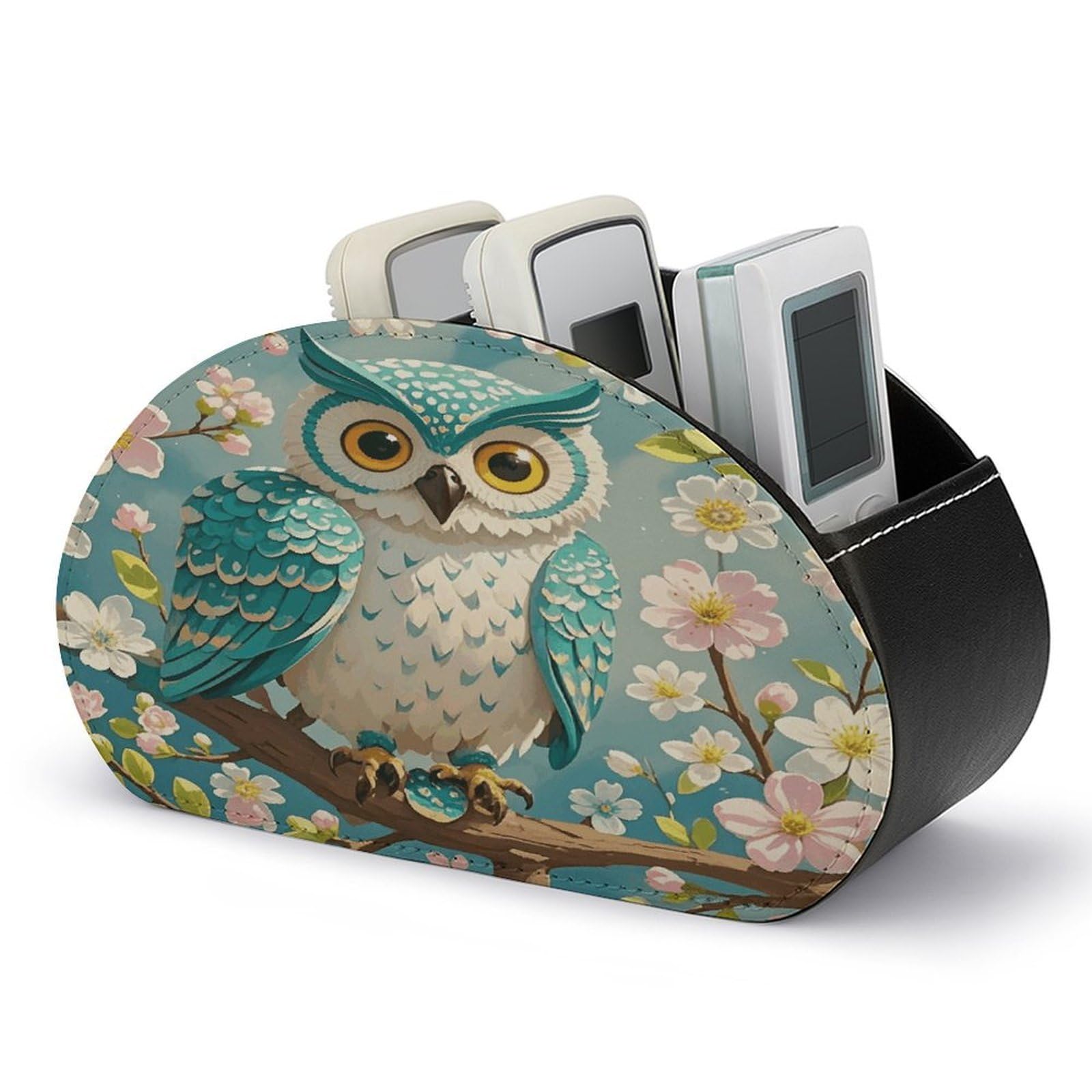 FekiLoot Leather Remote Control Holder with 5 Compartments Owl Spring Flowers Turquoise Remote Caddy Desktop Organizer Store TV Remote Holder Remote Organizer for Bedside Table Office Desk