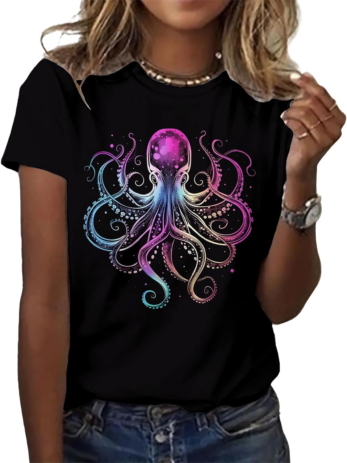 MARSVOVO Women's T Shirts Short Sleeve Tees Novelty Graphic Crew Neck Cotton Soft Loose Summer Tops