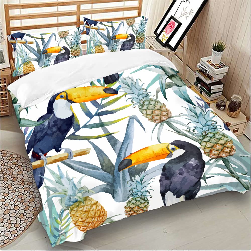 Lunoroey Tropical Duvet Cover Double Bed Toucan Bird Pineapple Print Bedding Set including Pilowcase Soft Easy Care Quilt Cover Set including Zipper Closure - Image 2