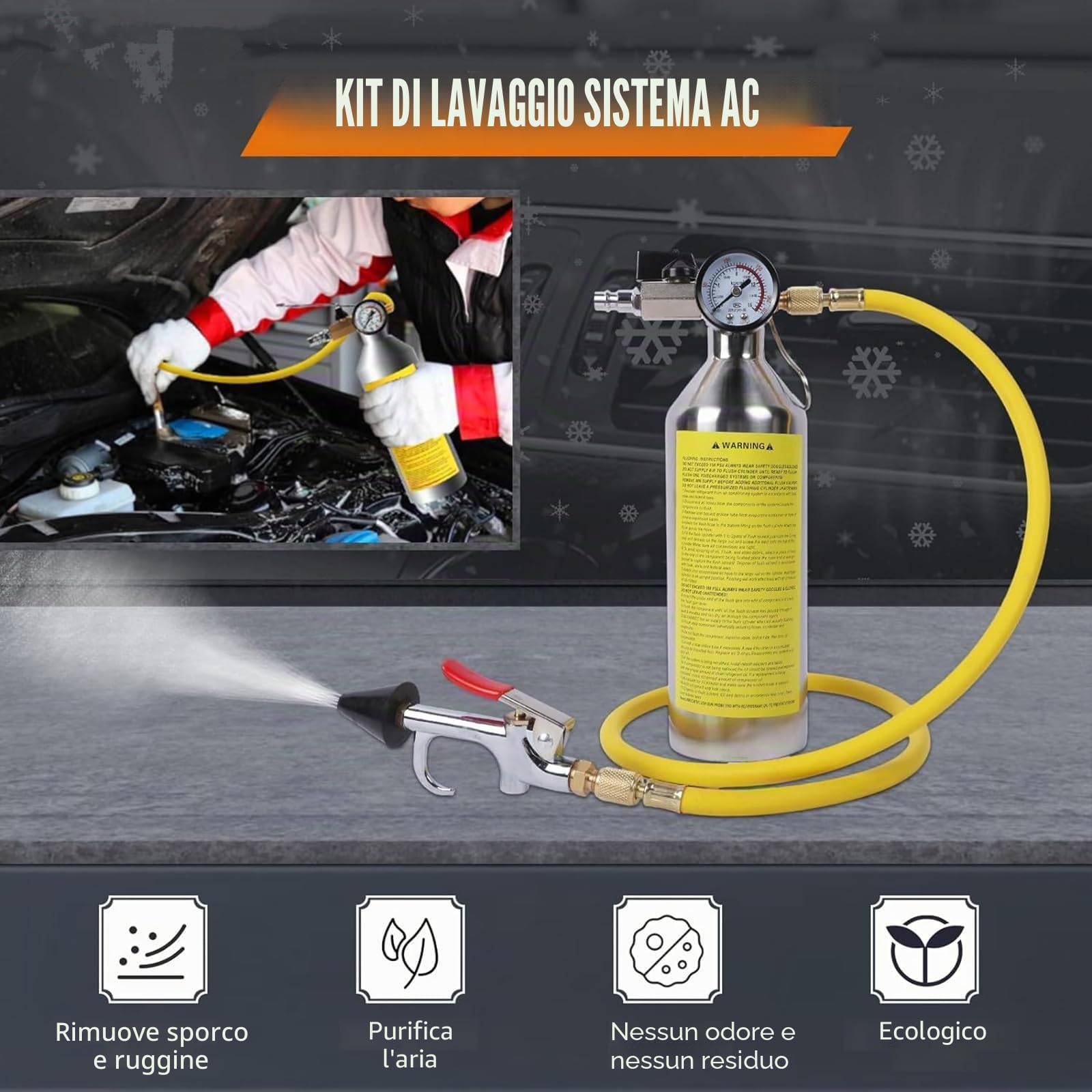 AC Flush Kit con manometro, valvola di sovrapressione, testina spray e tubo, detergente HVAC per R410A, R134A, R22, tubi di condizionamento, condensatore, evaporatore