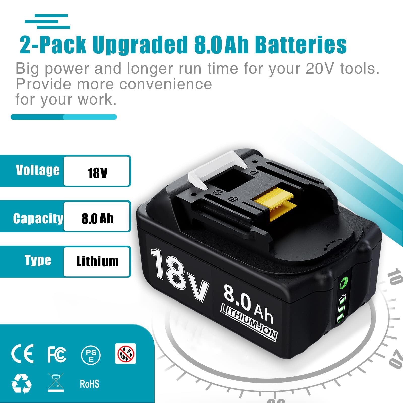 Lote de 2 baterías 800 (18 V, 8 Ah, para BL1860B, BL1850B, BL1850, BL1840B, BL1835, BL1830, BL1815, LXT-400, 194204-5, 194205-3) 0 mAh