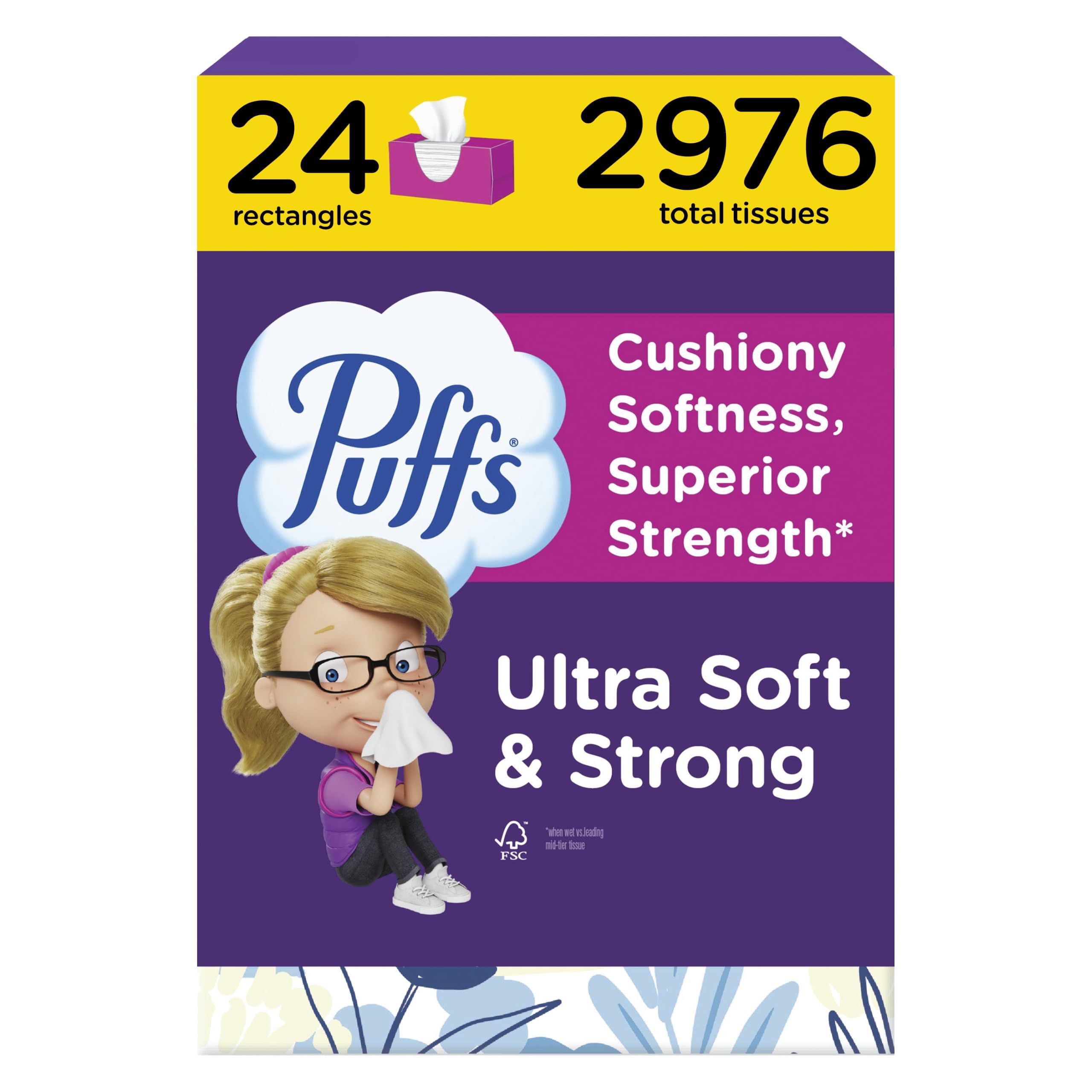 Puffs Facial Tissues Ultra Soft, 24 Family Rectangle Boxes, 124 Facial Tissues per Box, Allergies and Colds (Packaging May Vary)
