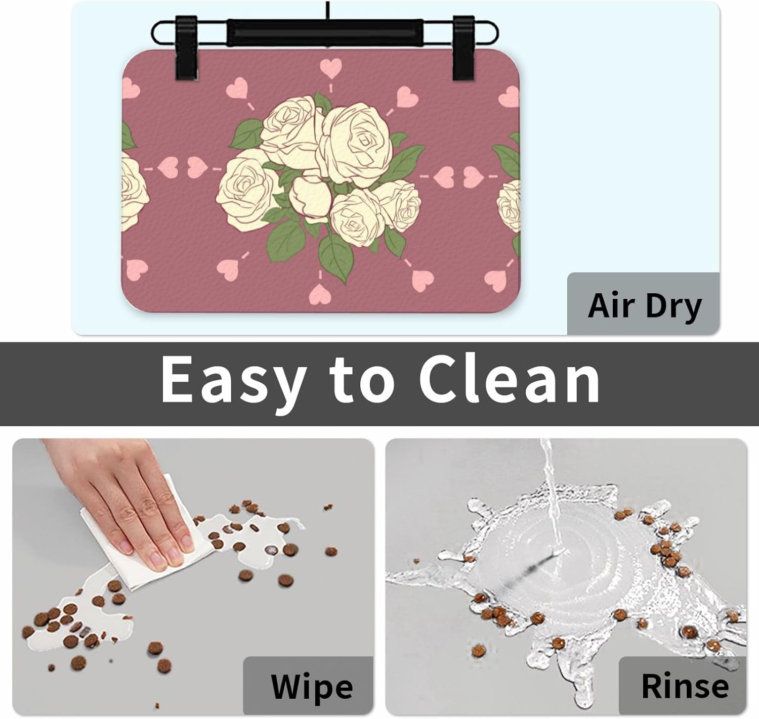 30x45cm White Rose of Love Print Pet Absorbent Feeding Mat - Quick Dry Food Pad/Leather Placemat, for Dog Cat Food Bowl Water