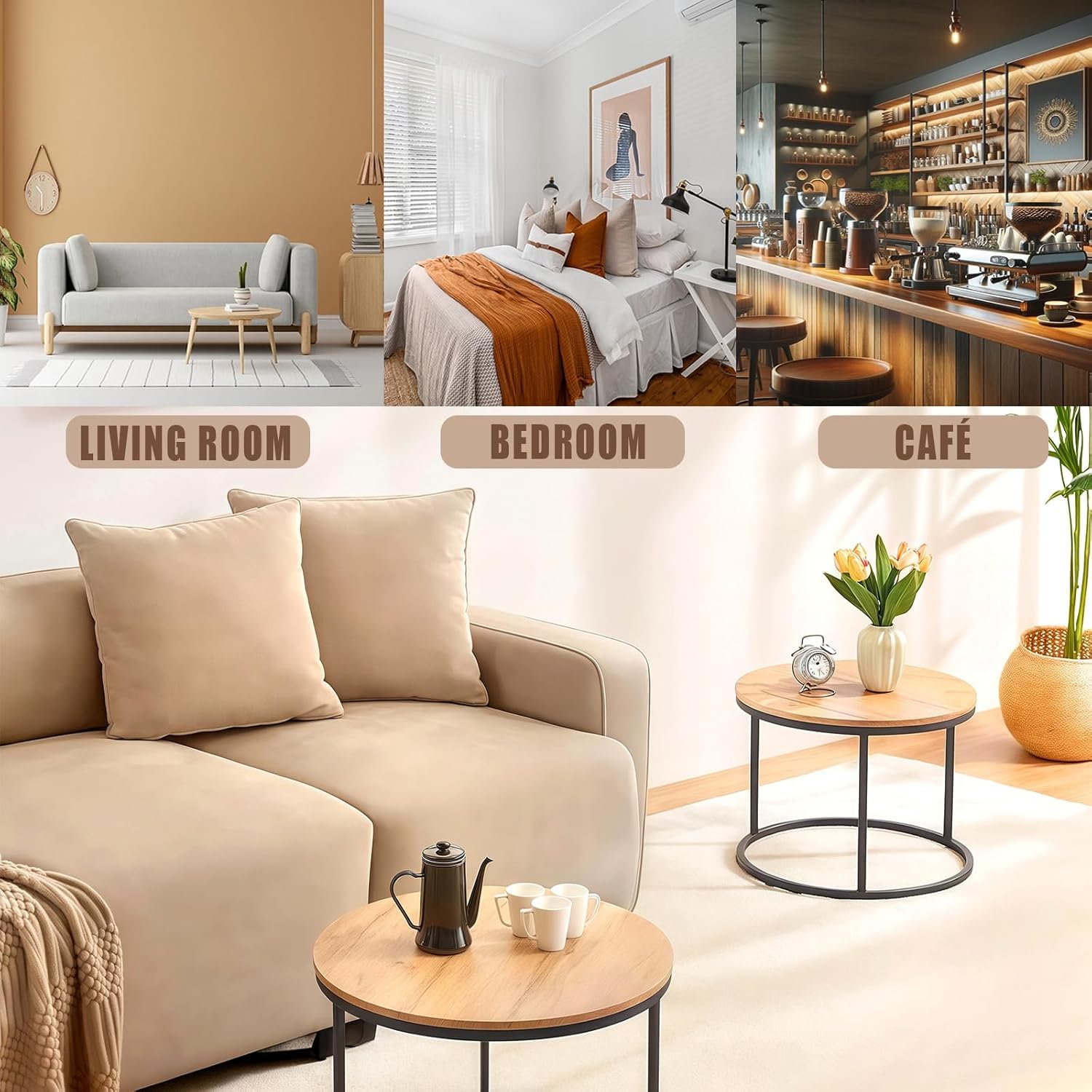 Beistelltisch Rund 2er Set Kleiner Couchtisch Rund Couchtisch Schwarz Holz mit Schwarzem Metallgestell, Wohnzimmertisch Rund Sofatisch für Wohnzimmer Schlafzimmer Büro, 50+40 cm