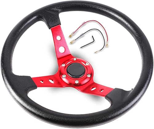 Miniatura 8 de Volante universal de coche para Sim Racing 13.8 "cuero de vinilo plano Sim Racing volante con botón de bocina y radios rojos