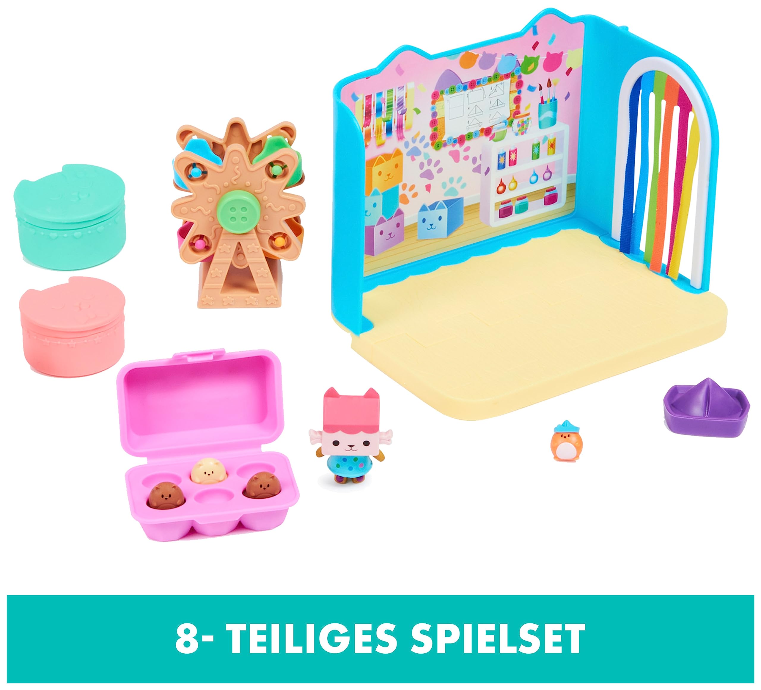 DREAMWORKS GABBY'S DOLLHOUSE - Deluxe Raum, Craft-a-riffic-Room, Bastelzimmer mit Baby Box, 2 Möbelstücken und 2 Überraschungsboxen mit Zubehörteilen, geeignet für Kinder ab 3 Jahren