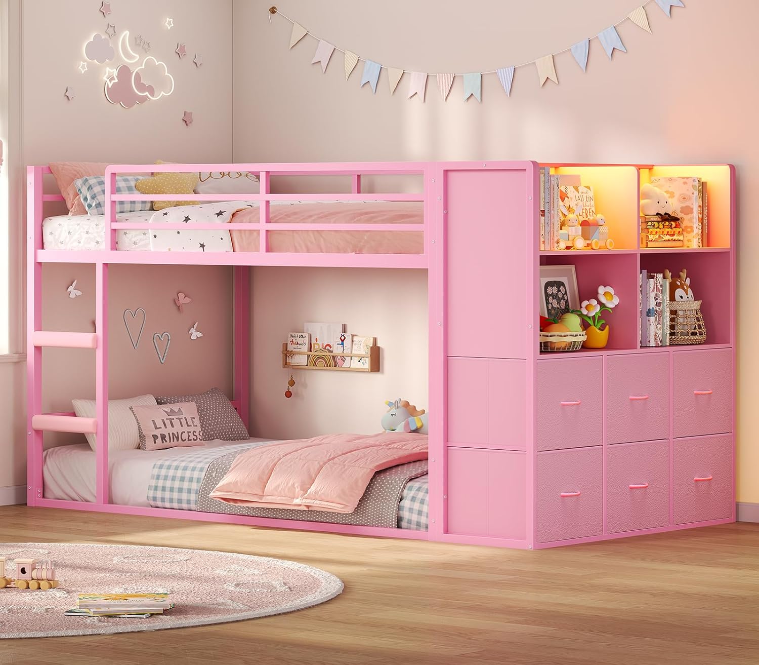 BTHFST Bunk Bed Twin Over Twin with 6 Large Fabric Drawers & 4 Storage Bookshelf, Metal Low Bunk Bed for Kids with LED Lights & Ladder and Guardrail, Space Saving, for Girls, Pink
