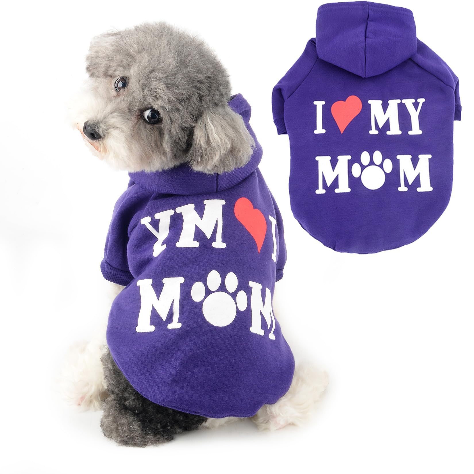 Ranphy Dog Hoodies for Small Dog Girls Boy Pet Jumper with Letter "I Love My Mom" Puppy Sweatshirt Hooded with Leash Hole Autumn Spring Pullover Mother Day Thanksgiving Day Cat Sweater, Purple, XL