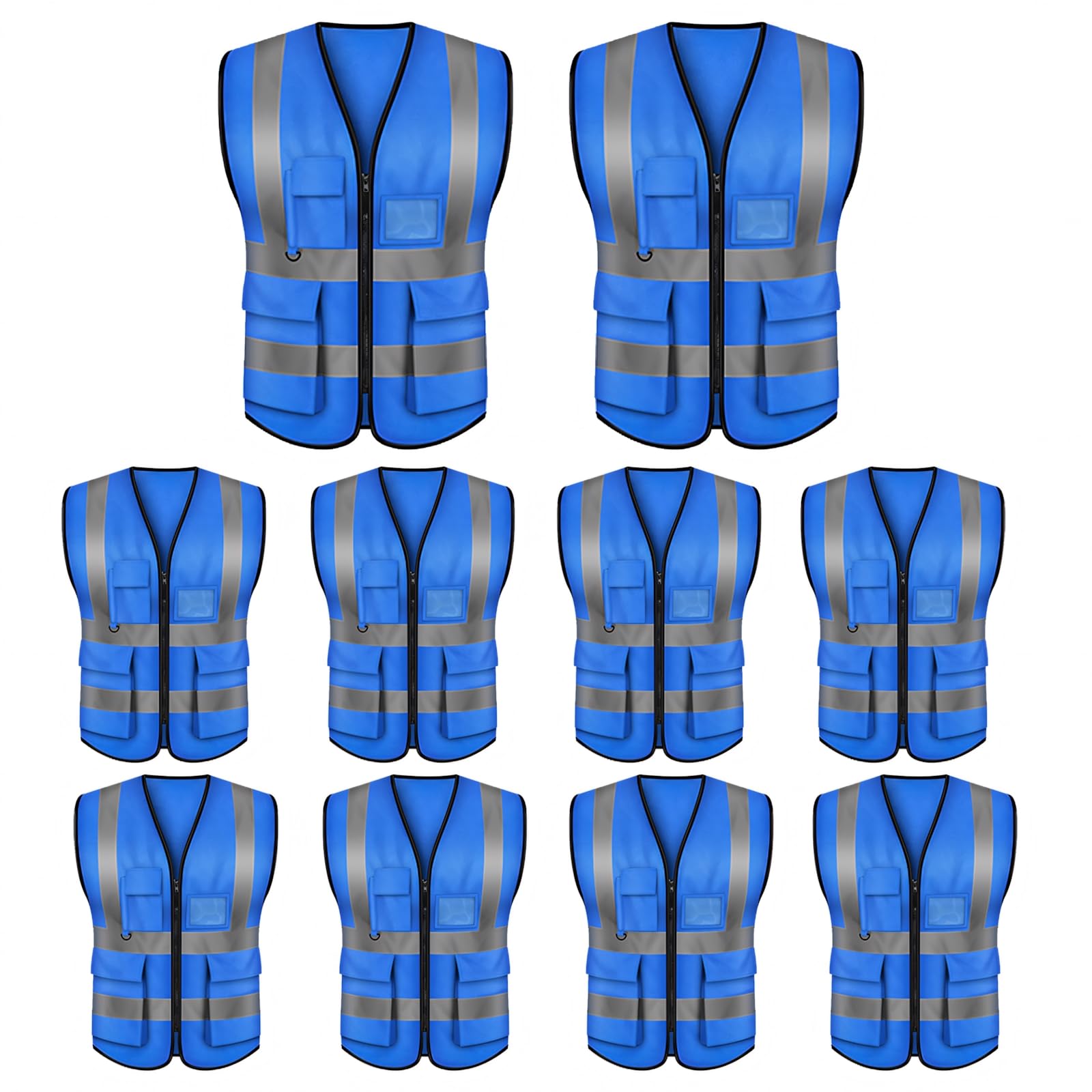 GOGO Warnweste Uniform Weste mit Reißverschluss Vorne mit Reflexstreifen Multi Pocket 10 Stück Blau XL