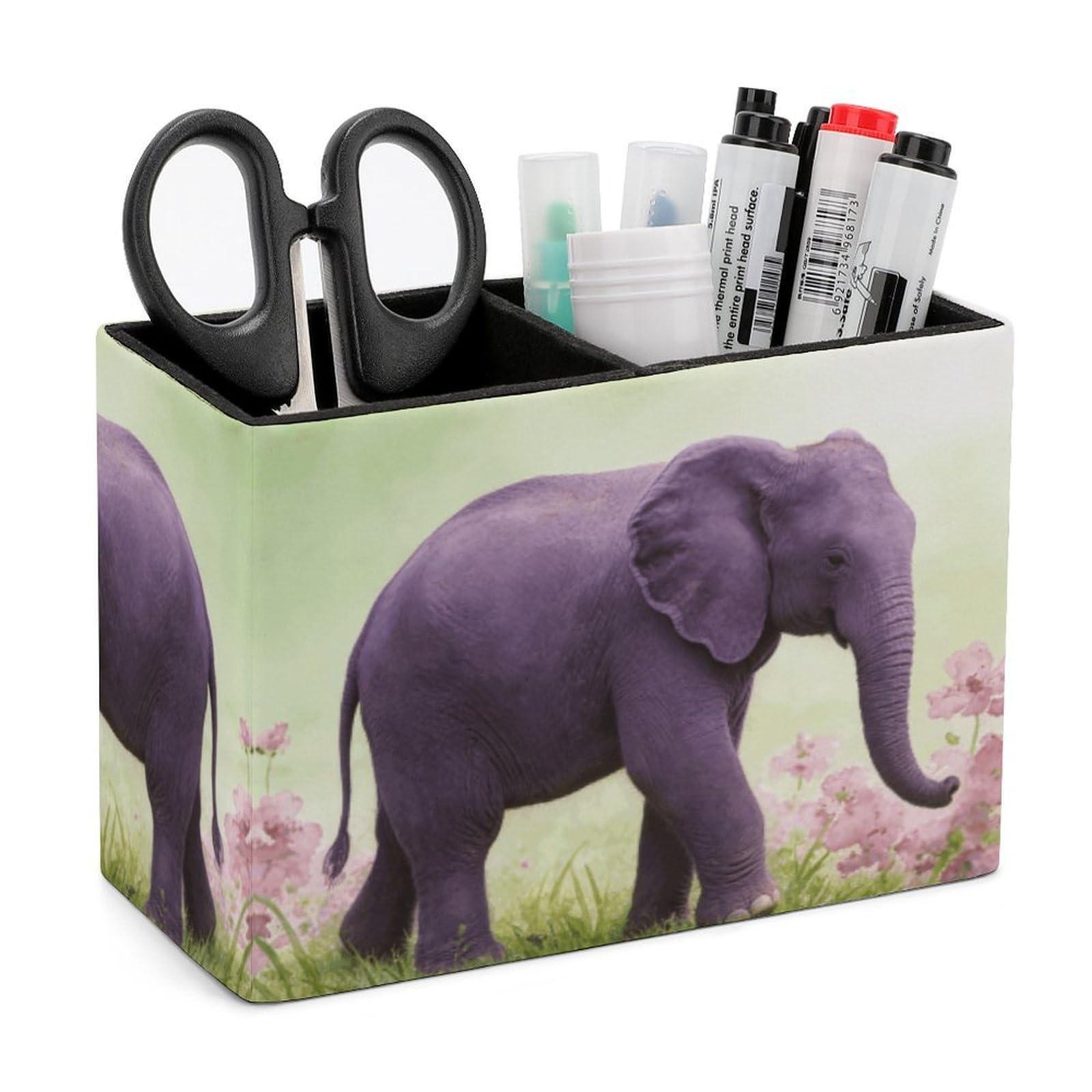 LZQPOEAS Exquisite Patterns PU Leather Pen Holder, Multifunctional Desktop Organizer Caddy with 2 Compartments, Purple Elephant Pencil Cup Makeup Brush Holder for Office Home