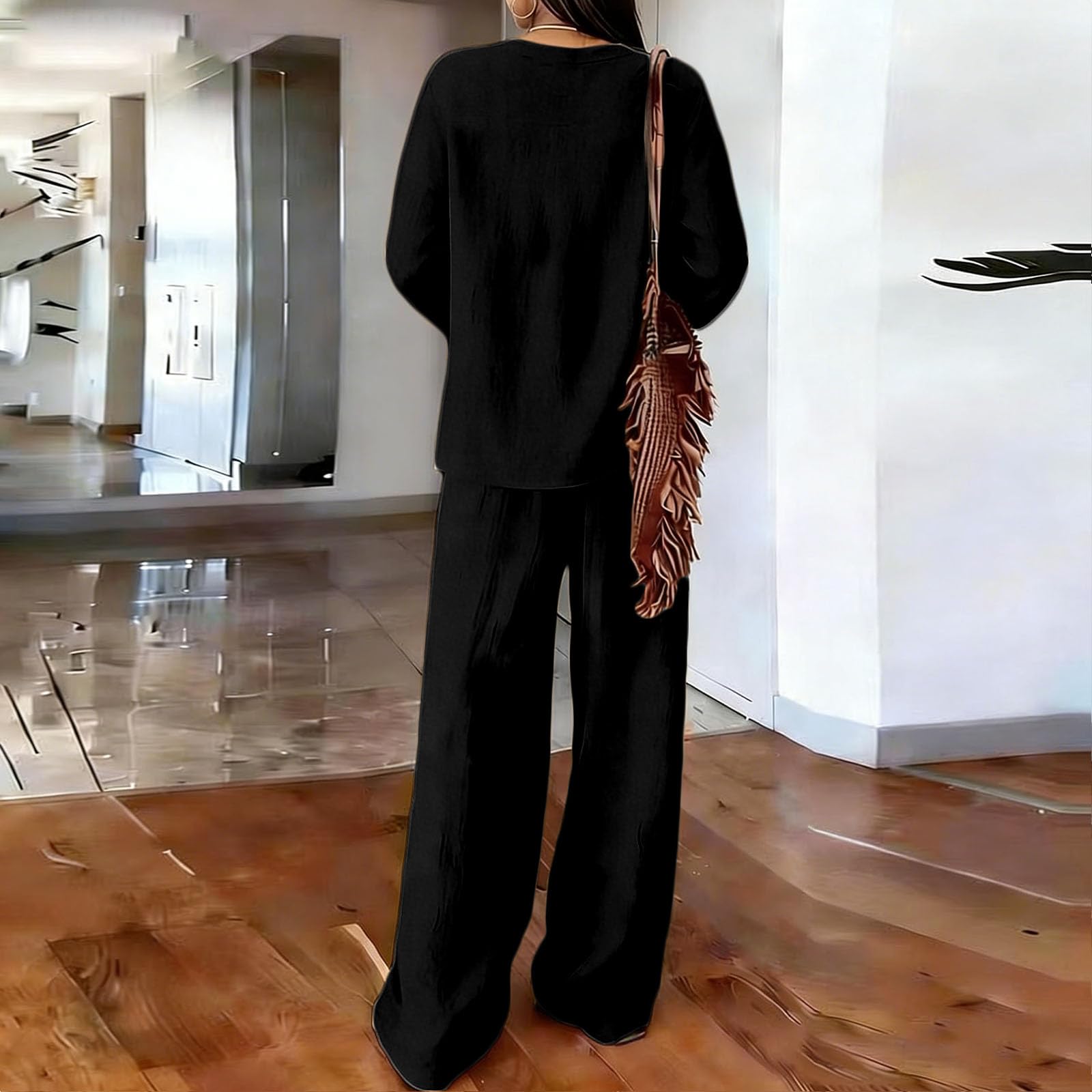 Ensemble Lin Femme Deux Pièces Chemise Manches Longues Col V Bouton Tunique Pantalon Chemise Haut Fluide Et Ample Taille Elastique Set Léger Décontracté Couleur Unie De Plage Loungewear Jogging