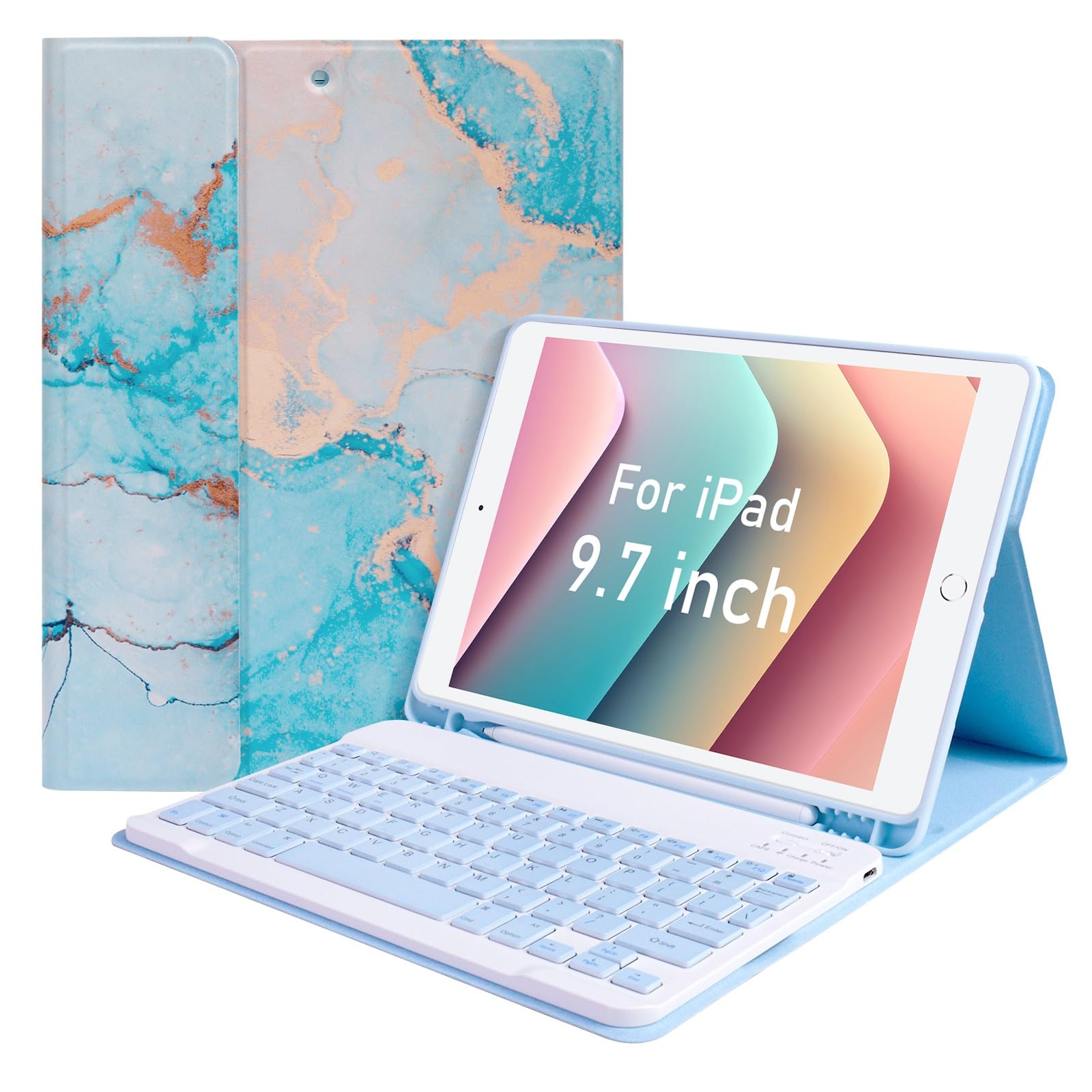 LAMA Keyboard Case for iPad 9.7 inch 2018 (6th Gen)/ 2017 (5th Gen)/2016 iPad Pro/iPad Air 2/1, Detachable - Wireless Keyboard Cover with Pencil Holder for iPad 9.7 inch, Auto Sleep/Wake, Marble Blue
