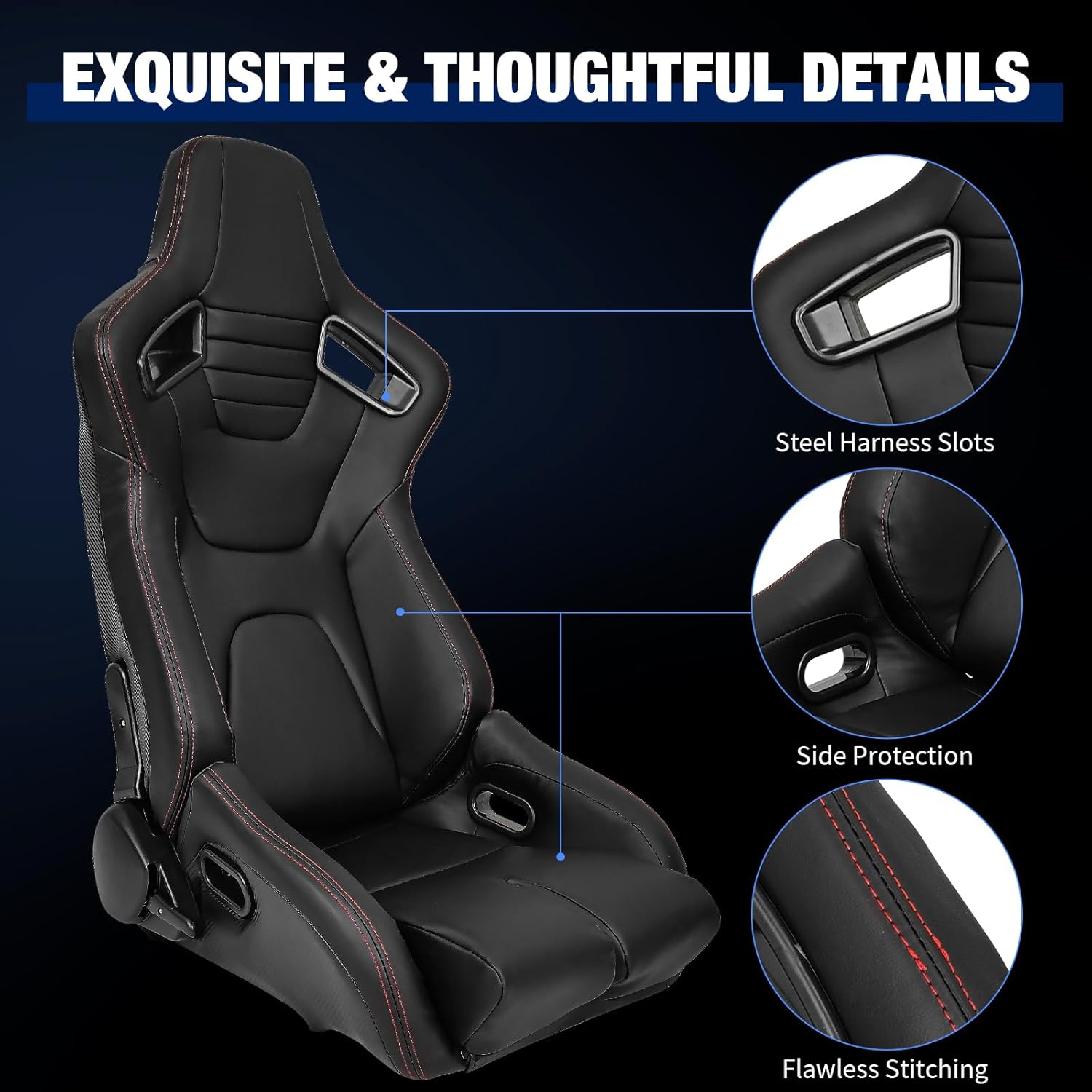 FREEMOTOR802 Racing Seat with Dual Lock Slider, Universal For Most Cars Vehicles First Row, Right Passenger Side Reclinable Sport Bucket Seat, PU Carbon Fiber Look Leatherette, Black
