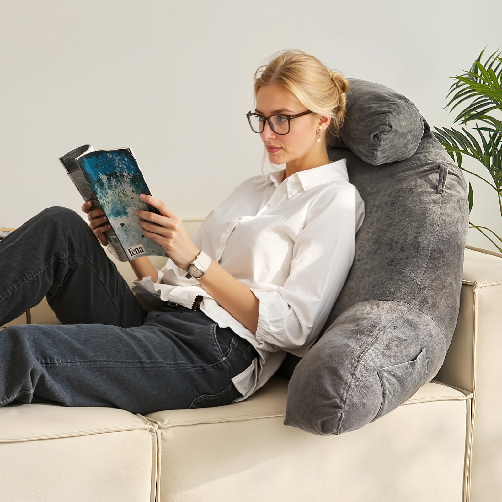 VEVOR Coussin de lecture avec appui-tête amovible, grand oreiller de lecture en mousse à mémoire de forme, avec 3 poches et tissu en velours court lavable, côtés avec poignée, pour lire et jouer, gris