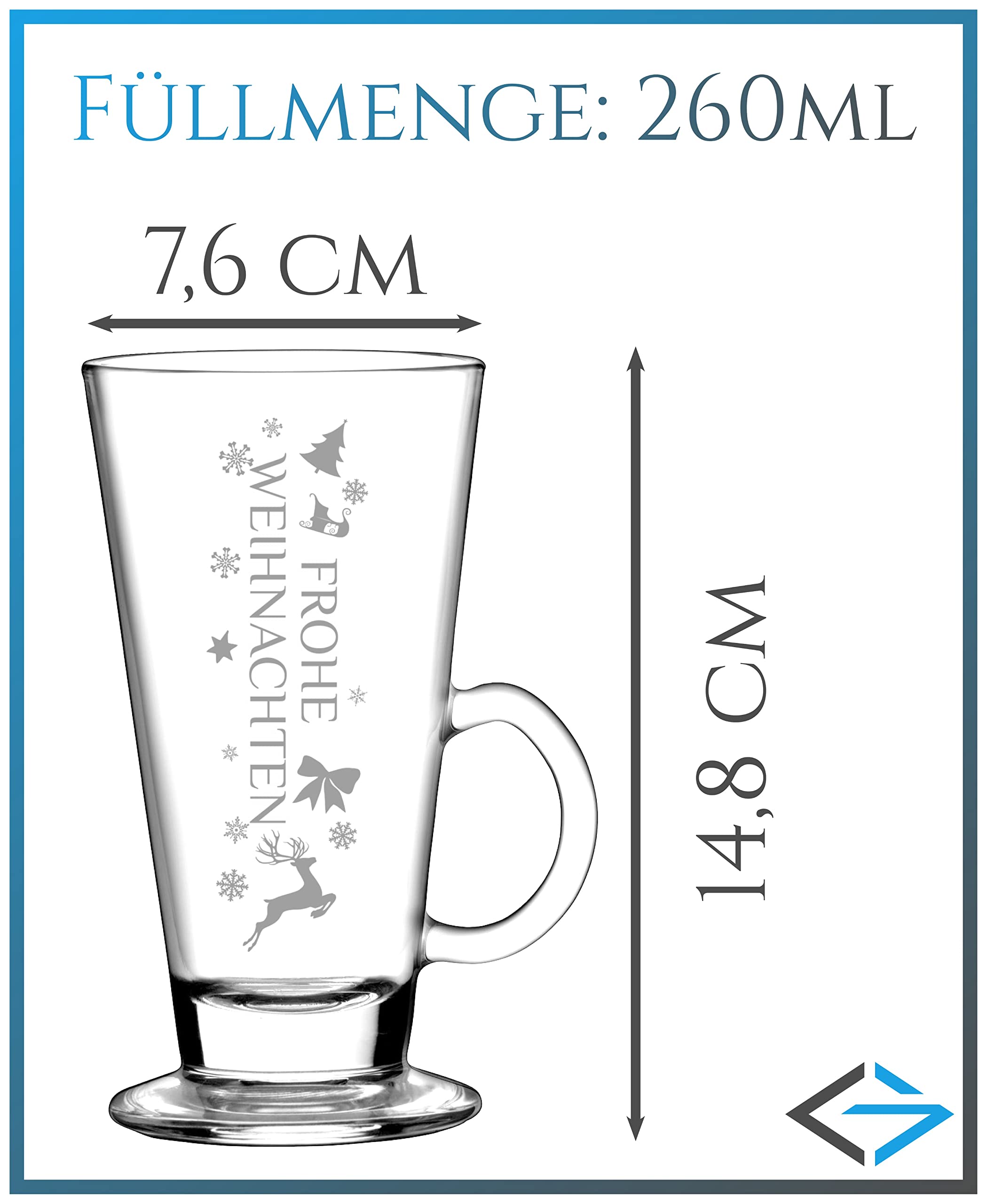 FROHE WEIHNACHTEN 6 Stück - 260ml Gläser mit Henkel Spülmaschinengeeignet - mit Lasergravur - Gastroglas 6er Set