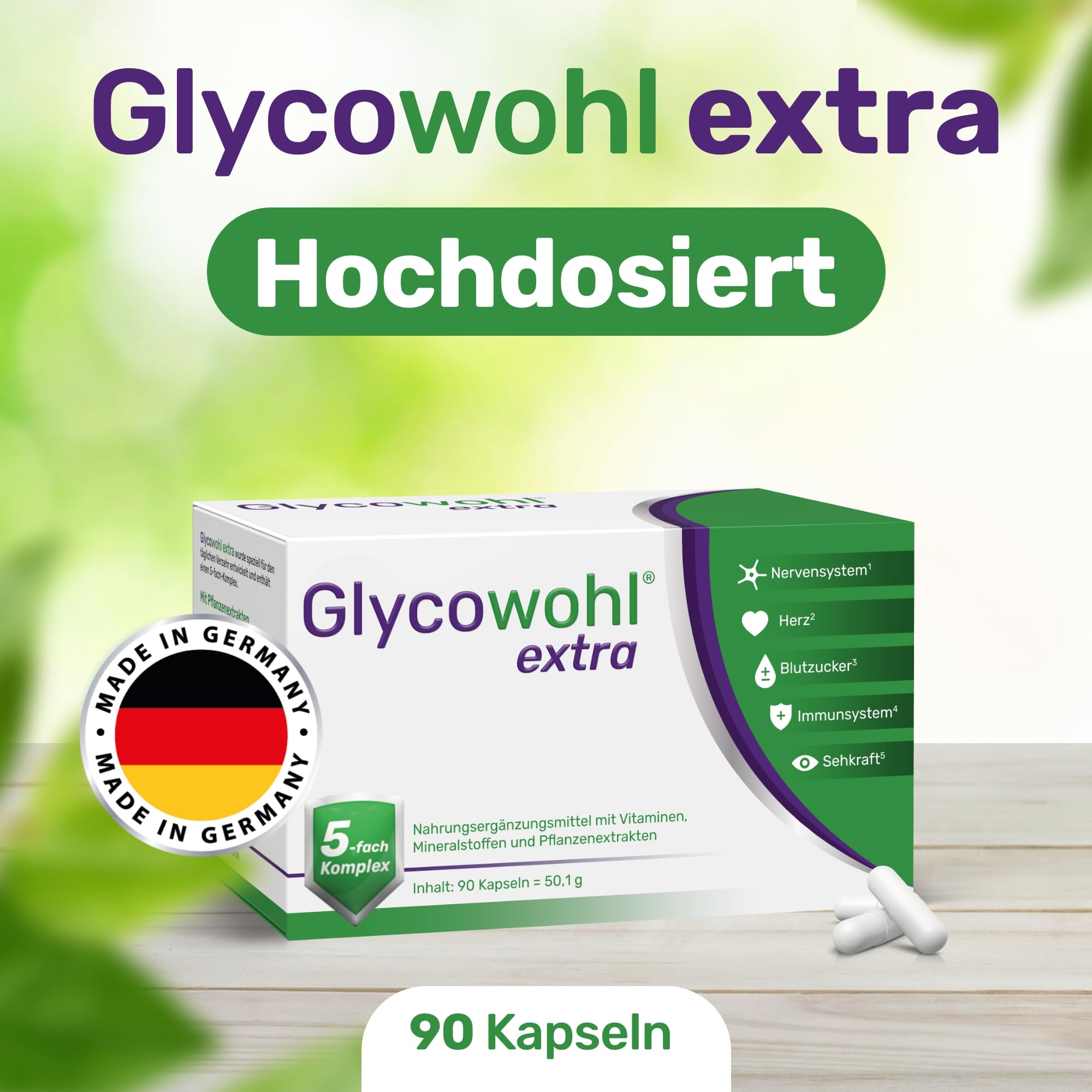 Glycowohl Extra Blutzucker Komplex – mit Chrom, OPC & Maulbeerblattextrakt | Chrom trägt zur Aufrechterhaltung eines normalen Blutzuckerspiegels bei · OPC, Maulbeerblatt, Vitaminen & CoQ10